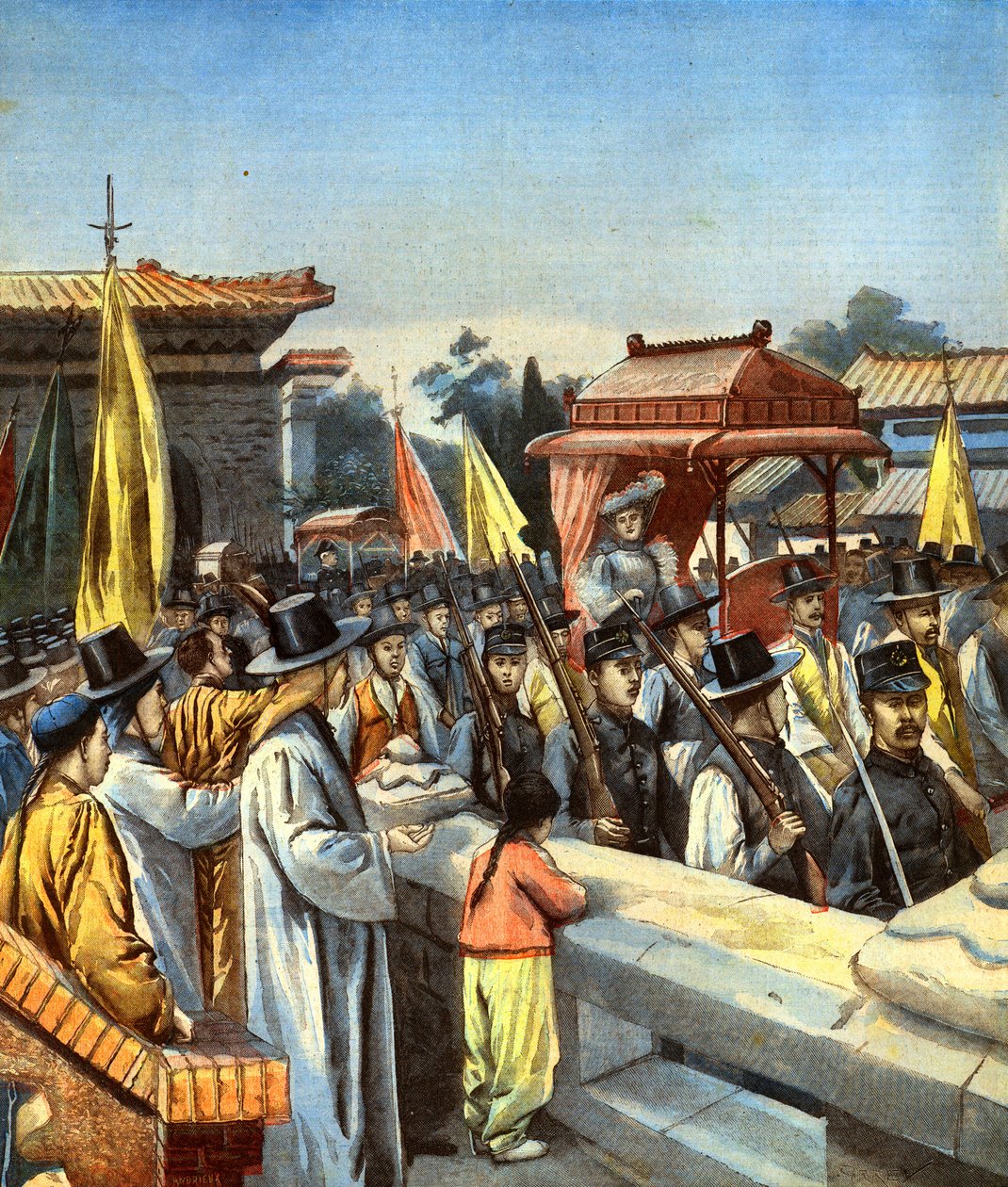 Alice Roosevelt je nesena ulicemi Soulu v imperiálním sedanu do paláce na audienci u korejského císaře 20. září 1905, ilustrace na obálce z 