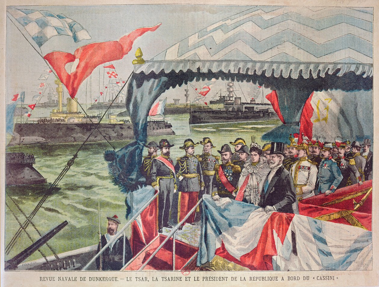 Námořní revue v Dunkerque: Car Nicolas II s manželkou, carevna Alexandra s prezidentem Loubetem na palubě torpédového člunu „Cassini“, ilustrace z „Le Petit Parisien“, 22. září 1901 (barva od Carrey