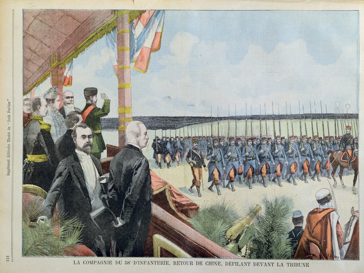 Prezident Loubet a car Nicholas II s manželkou carevnou Alexandrou hodnotí 58. rotu pěchoty po návratu z Číny, ilustrace z 