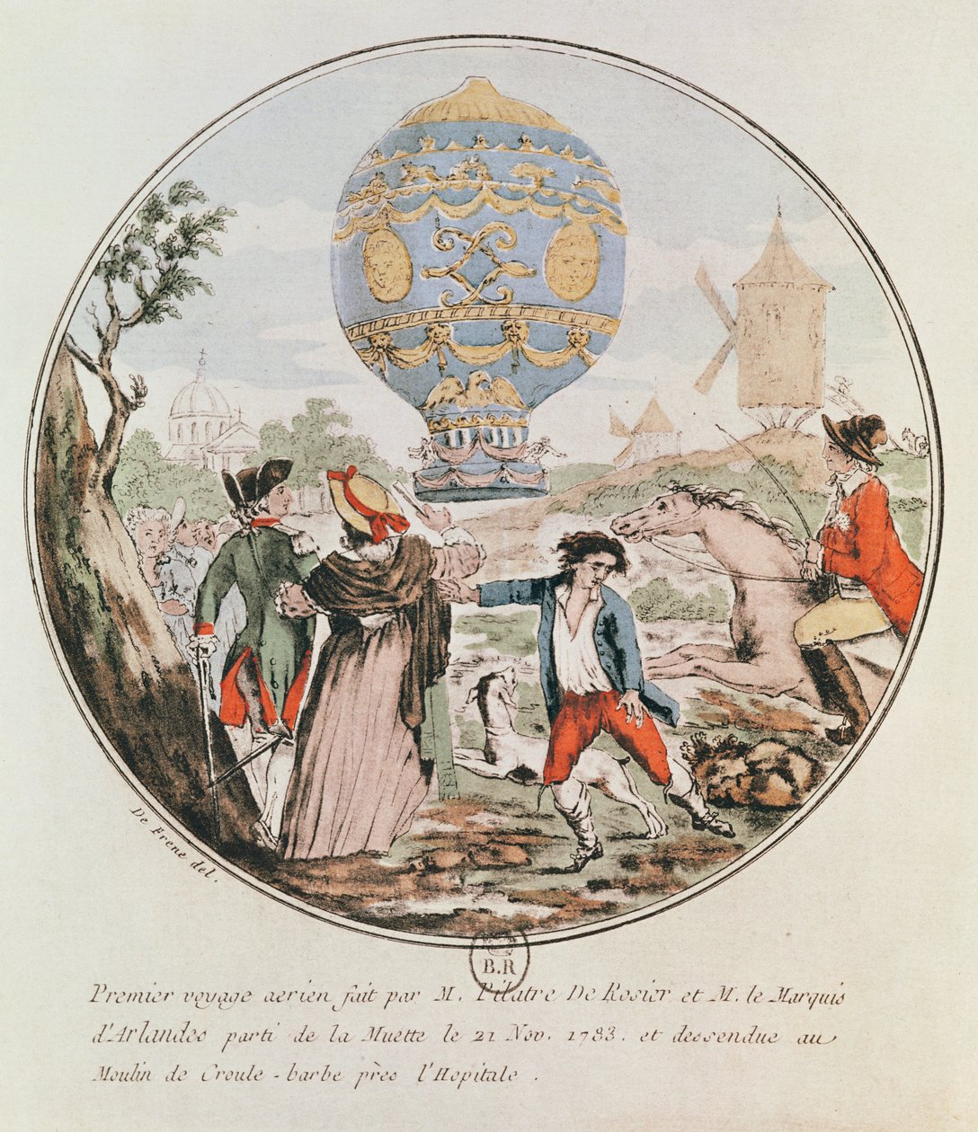 První letecká plavba pana Francoise Pilatra de Roziera (1754-85) a markýze z Arlandes (1742-1809) z Muette k větrnému mlýnu v Croule-Barbe, 21. listopadu 1783 od De Frene