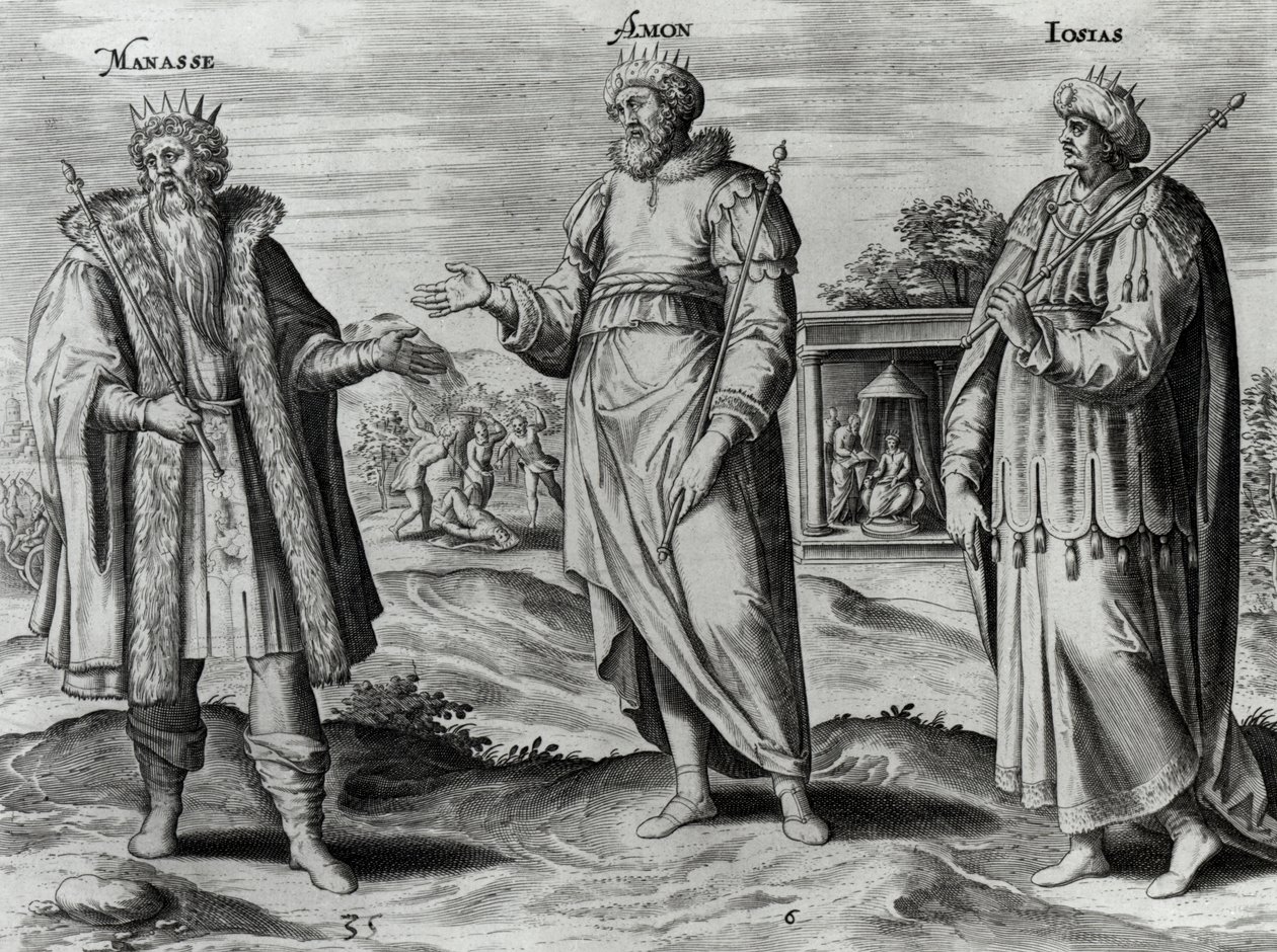 Manasseh (697-642 př.nl) Amon (642-640 př.nl) a Josiah (640-609 př.nl) (rytina) (černobílá fotografie) od Dutch School