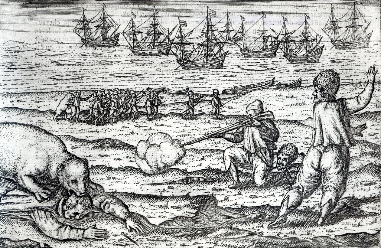 Námořníci napadení ledními medvědy, ilustrace z „Diarium Nauticum, aneb pravdivý popis tří obdivuhodných plaveb...“ Gerrit de Veer, 1598 (rytina) od Dutch School