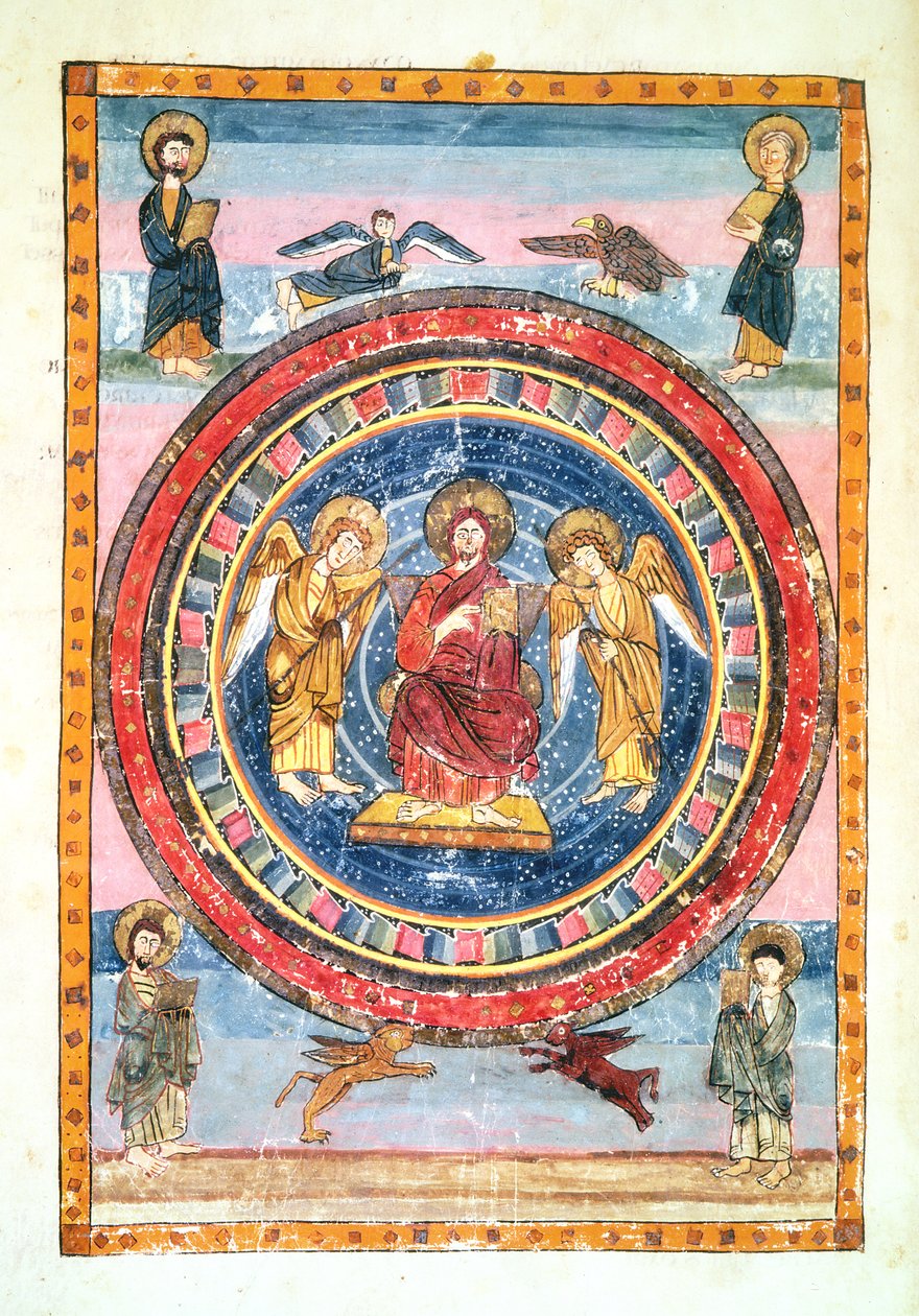 Codex Amiatinus Ms 1 f.796v Kristus ve majestátu s anděly a čtyřmi evangelisty, popravený v Jarrow, Wearmouth, počátek 8. století od English School