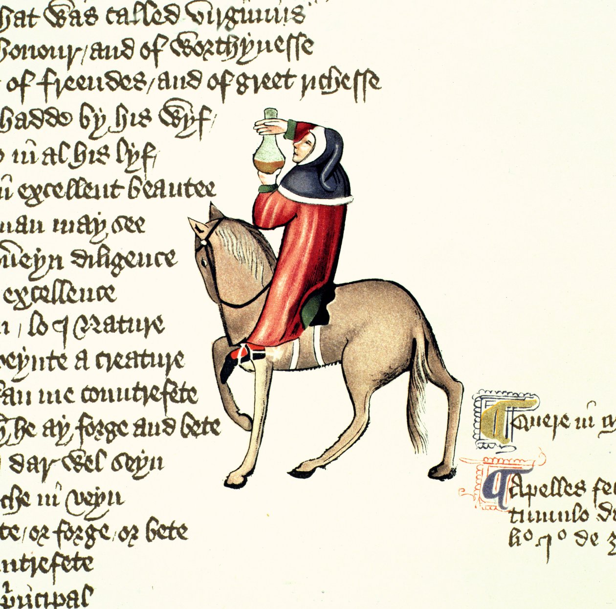 The Physician, detail z Canterbury Tales, od Geoffreyho Chaucera (c.1342-1400) Ellesmere Manuscript, faksimilové vydání, 1911 (originální detaily viz 128926) od English School