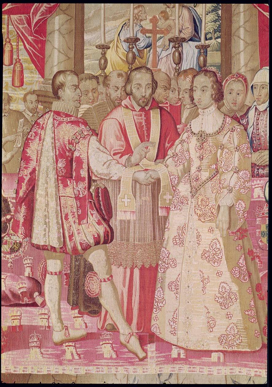 Tapiserie Karla V. zobrazující sňatek Karla V. (1500-58) s Isabellou Portugalskou (1503-39) v roce 1526, detail kardinála požehnání páru, Bruggy, kolem 1630-40 (detail 78692) od Flemish School