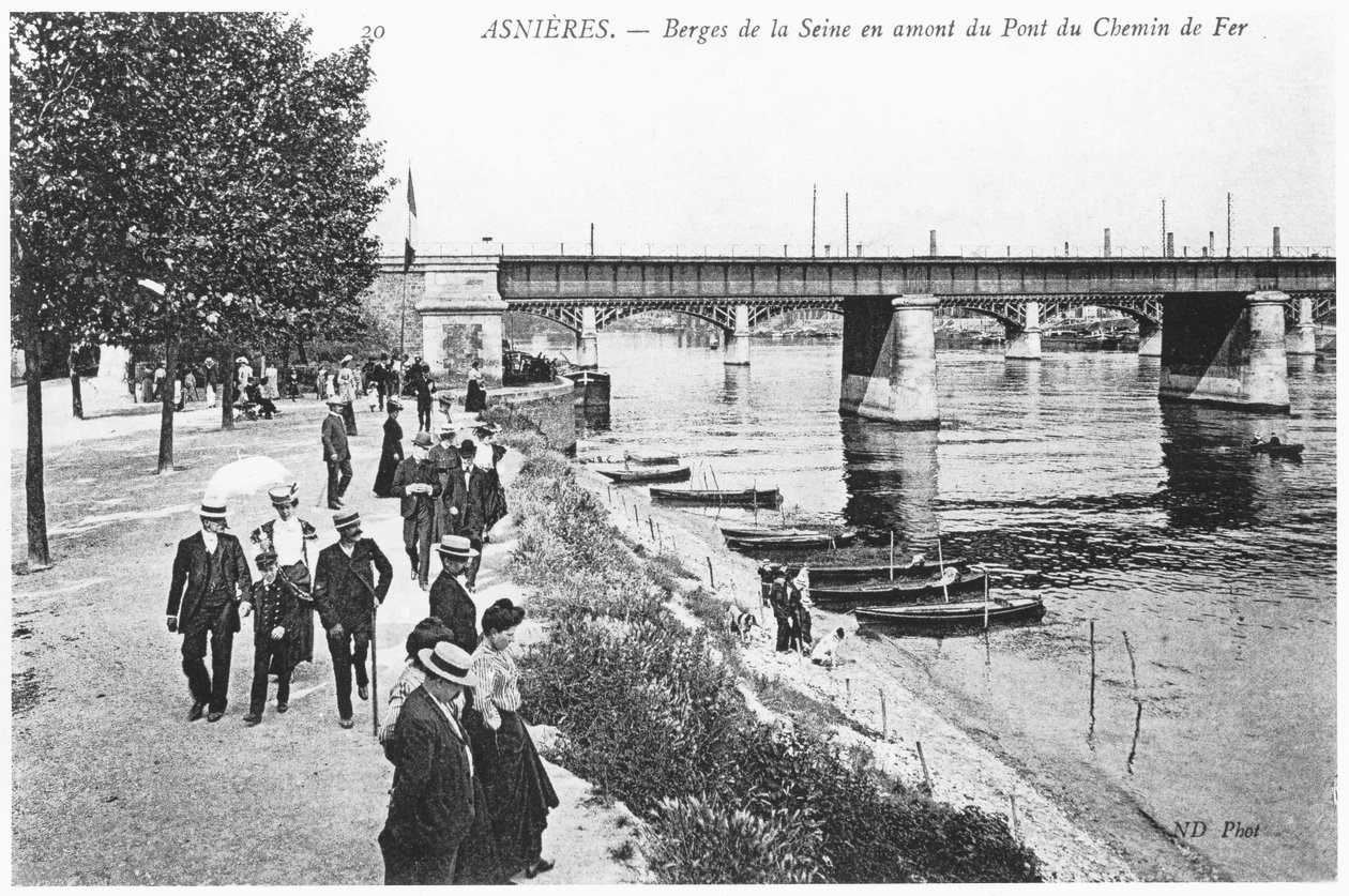Asnieres, břehy řeky Seiny a železniční most, c.1900 od French Photographer