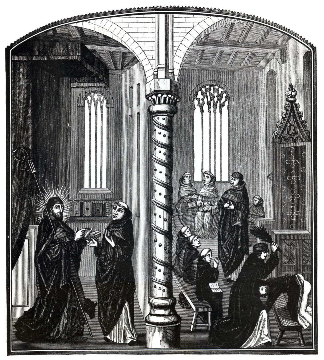 Bříza ve škole mendikantských mnichů, z Ms.21,252, ilustrace z knihy "Věda a literatura ve středověku a renesanci", autor a rytec Paul Lacroix, 1878 (b od French School