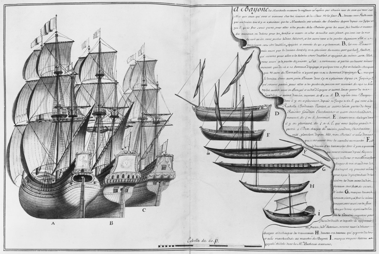 Holandská obchodní loď, čluny známé jako pinasses a různé malé čluny, Bayonne, ilustrace z 
