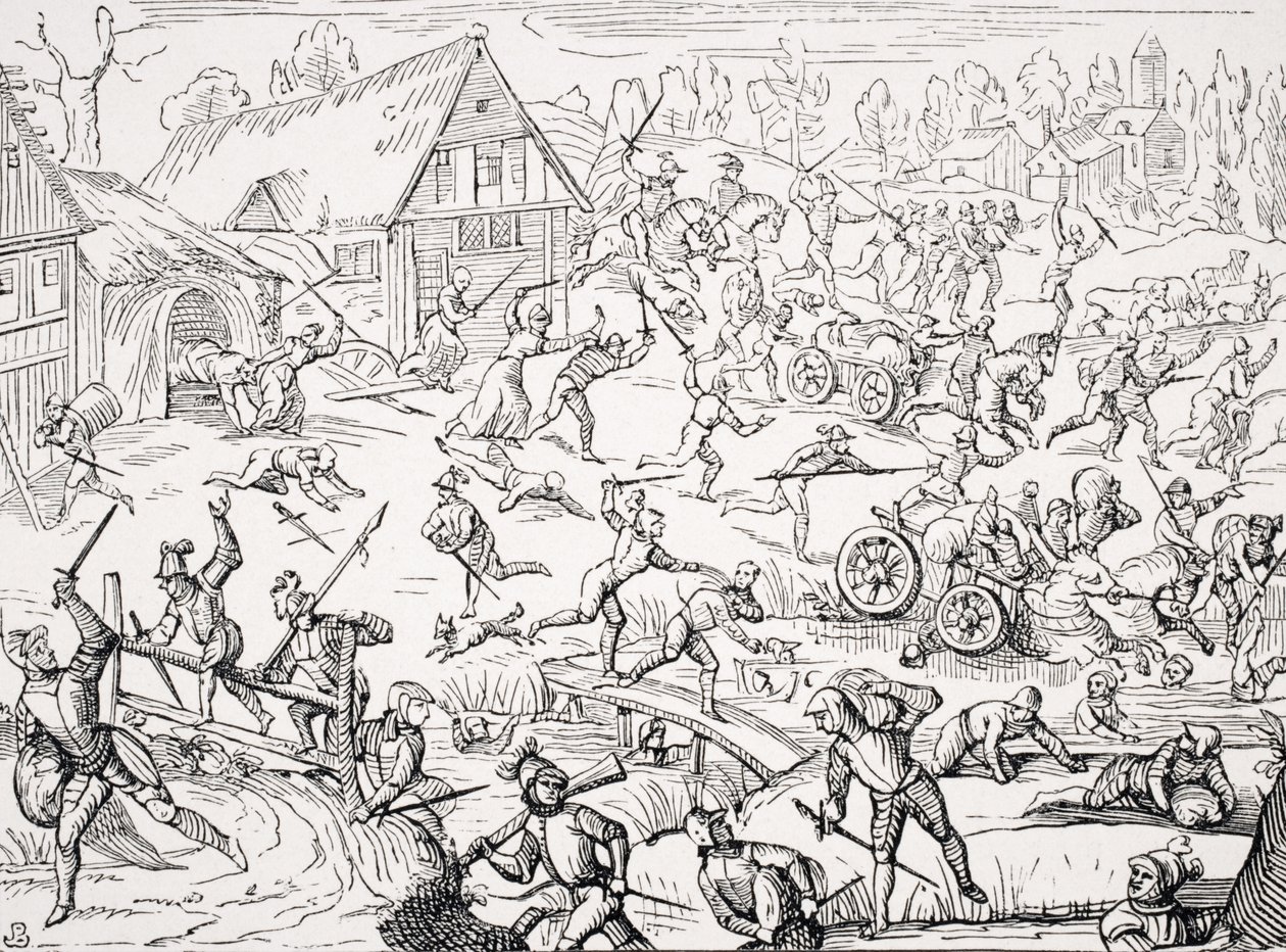 Vesnice drancovaná vojáky, kopie dřevorytu z Hamelmannovy ‚Oldenburgisches Chronicon‘, vydané 1599, z ‚Le Moyen Age et La Renaissance‘ od Paula Lacroixe (1806-84) vydaného 1847 od French School