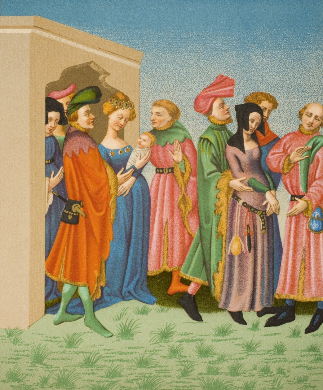 Družina mladé matky podle miniatury v latině Terence vlastněné králem Karlem VI. (1368-1422) z „Le Moyen Age et La Renaissance“ od Paula Lacroixe (1806-84) vydaného 1847 od French School