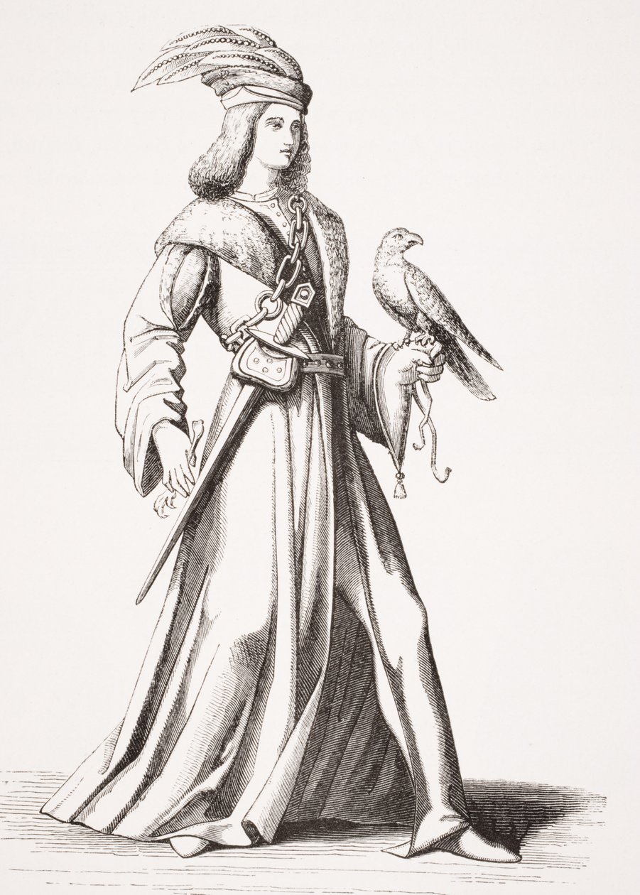 Šlechtic z patnáctého století z Provence, po ilustraci v „Kostýmy od desátého do šestnáctého století“ od Jeana Baptista Bonnarta (1654–1726) z „Le Moyen Age et La Renaissance“ od Paula La od French School