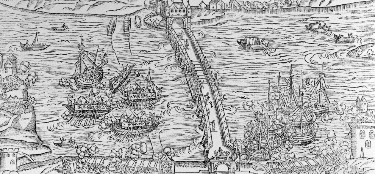 Rekonstrukce námořní bitvy provedené na řece Seině před Henri IV v roce 1596, ilustrace z „Discours de la Ioyeuse et triomphante entree de Henry IIII faicte en sa ville de Rouën“ od French School