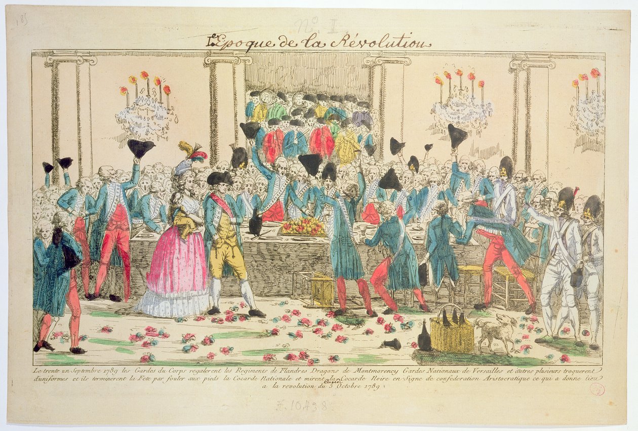 Banket pořádaný 1. října 1789 ve Versailleské opeře královskými bodyguardy na přivítání příjezdu flanderského pluku na pomoc při podpoře a ochraně francouzské královské rodiny ( od French School