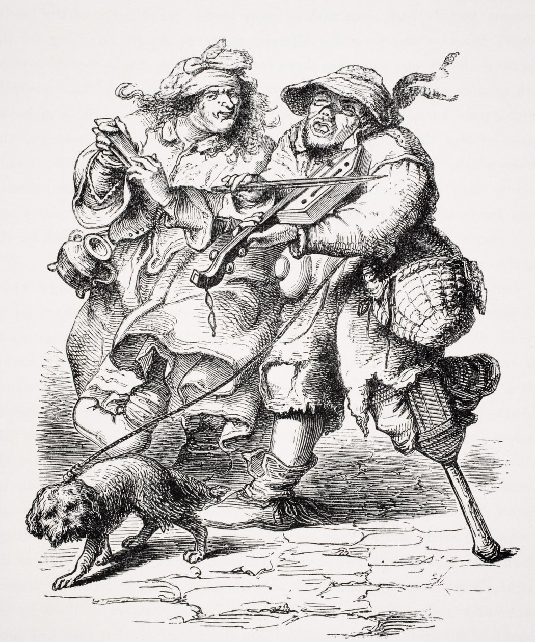 Žebrák hrající na housle, jeho žena ho doprovází kostmi, podle rytiny ze 17. století, z knihy "Le Moyen Age et La Renaissance" od Paula Lacroixe (1806-84) vydané v roce 1847. od French School