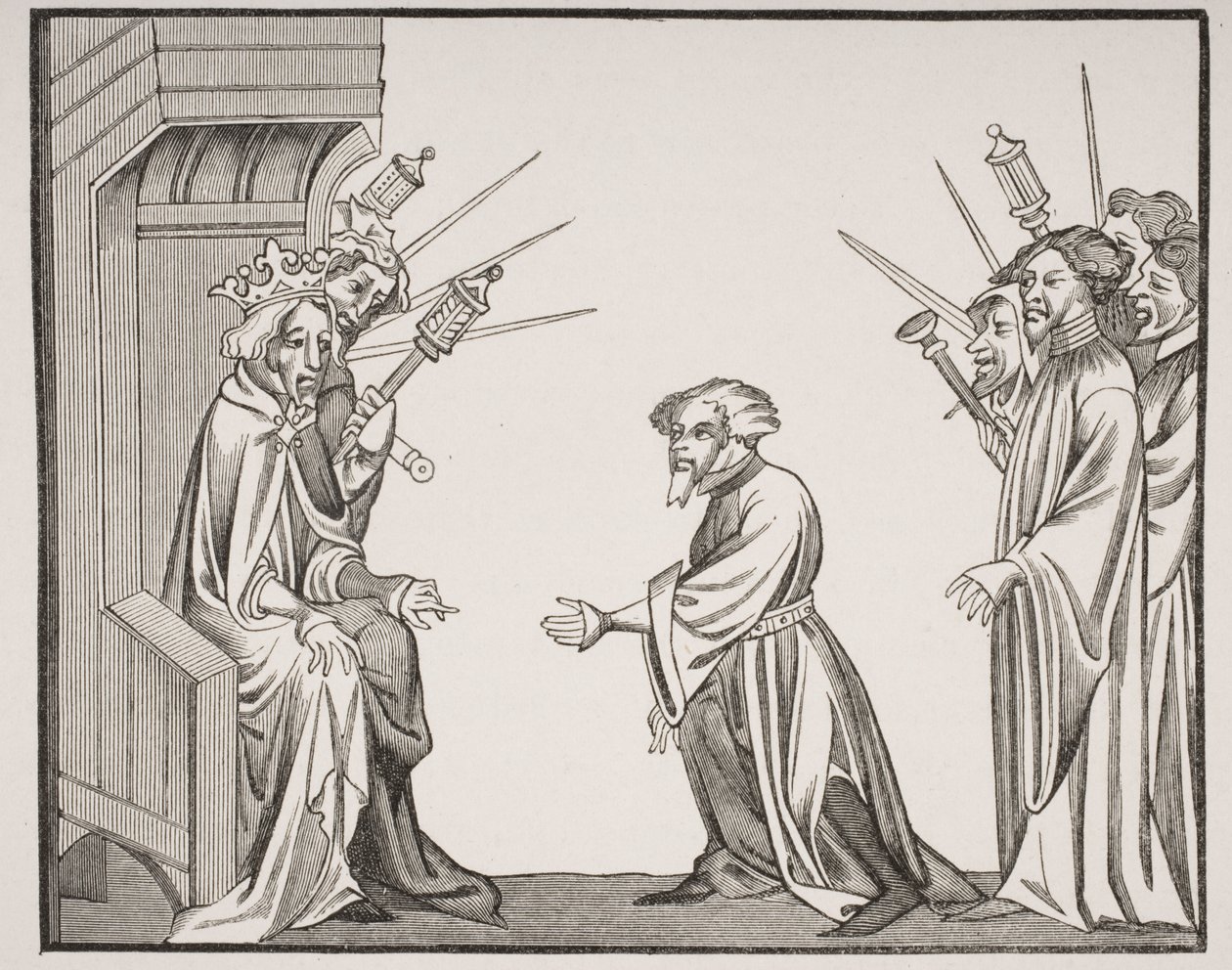Karel Veliký (747-814) přijímá přísahu věrnosti a cti od jednoho ze svých velkých feudátorů nebo vysokých baronů, faksimile miniatury ze 14. století z "Kroniky Saint Denis", z knihy "Le Moy". od French School