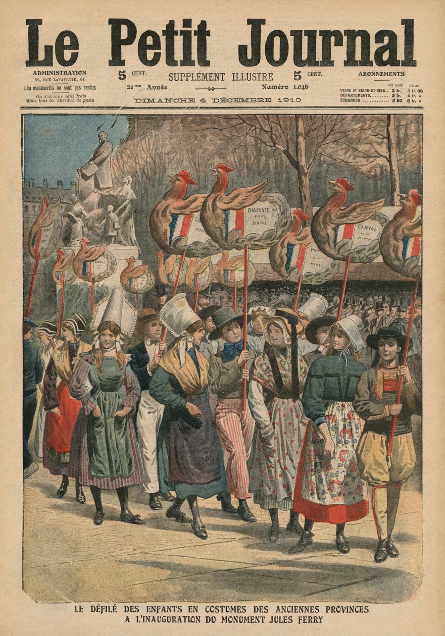 Děti oblečené v kostýmech provincií defilující na inauguraci památníku Jules Ferry, Paříž, ilustrace z 