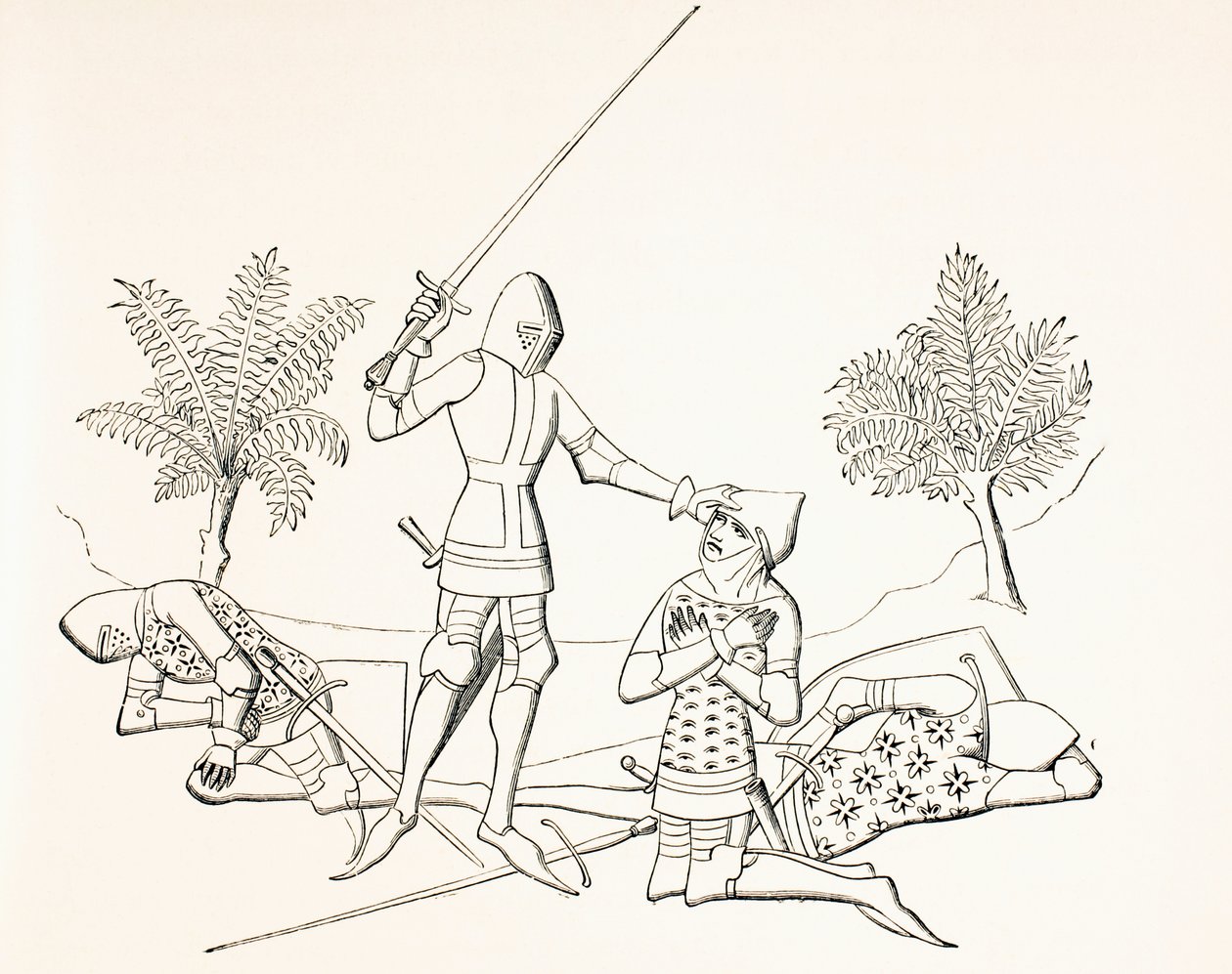 Udělení rytířského titulu na bitevním poli poté, co jeho nositel zabil dva nepřátele, z knihy "Military and Religious Life in the Middle Ages" od Paula Lacroixe, vydané v Londýně kolem roku 1880. od French School