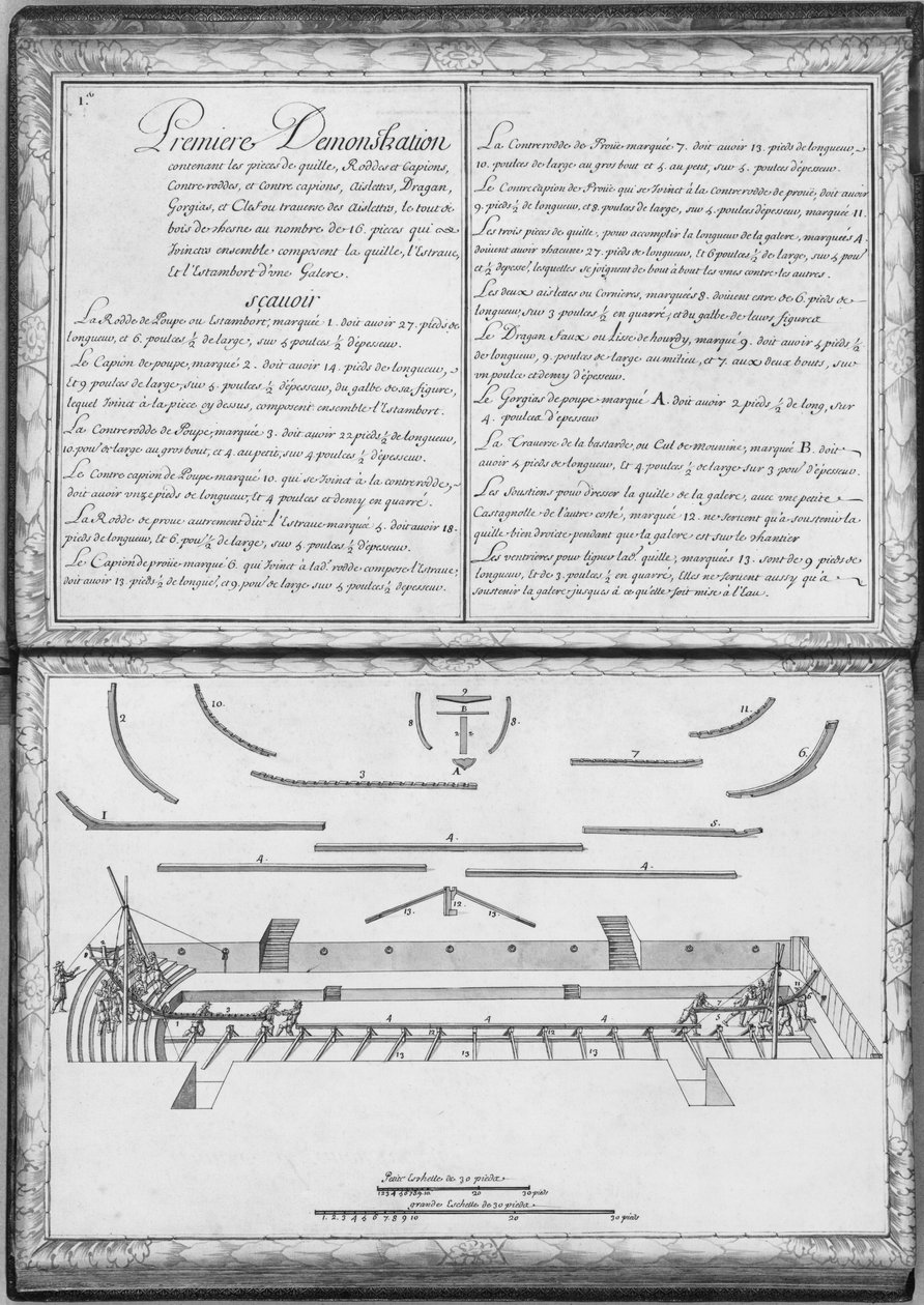 Stavba lodní kuchyně, první ukázka, deska 1, ilustrace z „Ukázky všech kusů dřeva, hřebíků a kování, které jsou součástí stavby kuchyně...“ (tužka a w od French School