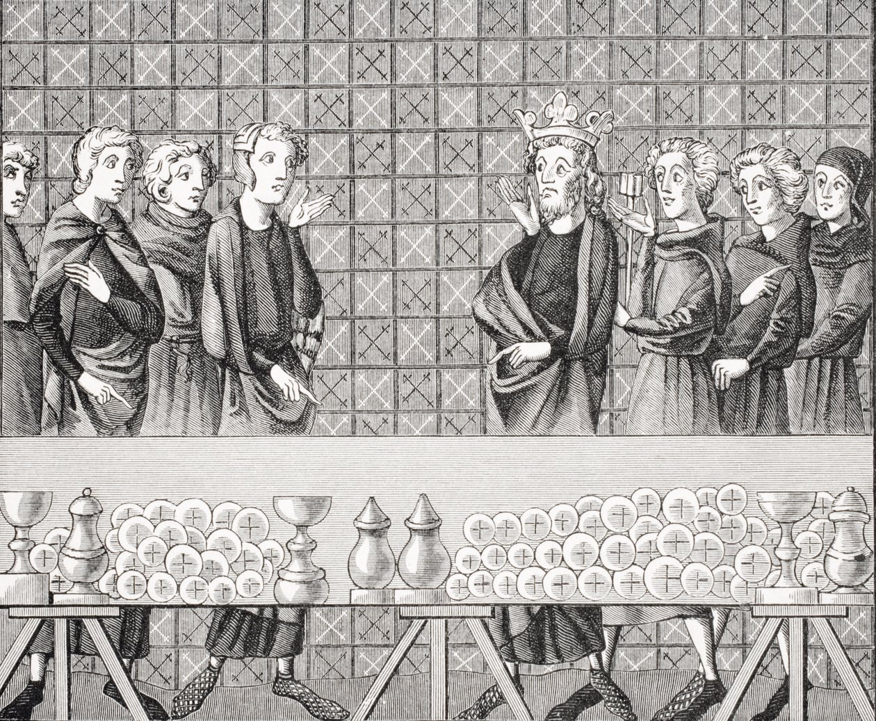 Dvořané hromadící bohatství na úkor chudých, podle miniatury z rukopisu "Tresor Brunetto Latini" ze 14. století, z knihy "Le Moyen Age et La Renaissance" od Paula Lacroixe (1806-84), vyd. od French School