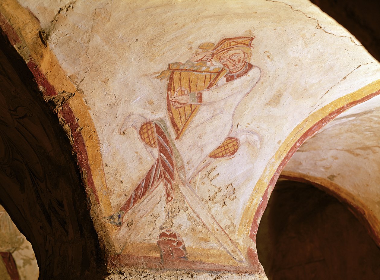 David hrající na harfu (freska) od French School