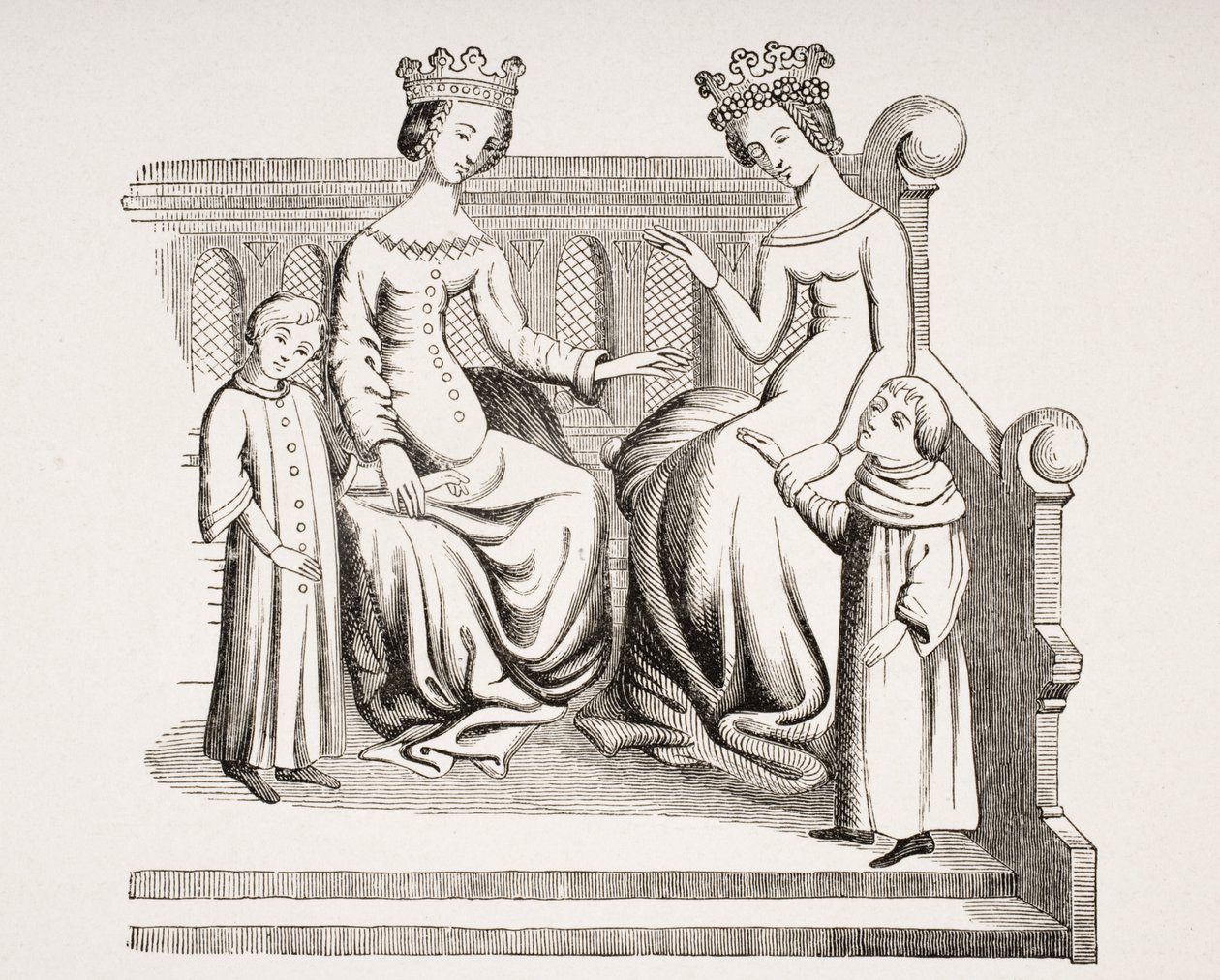 Šaty vznešených dam a dětí ve 14. století podle miniatury v „Merveilles du Monde“ z „Le Moyen Age et La Renaissance“ od Paula Lacroixe (1806-84) vydaného v roce 1847 od French School