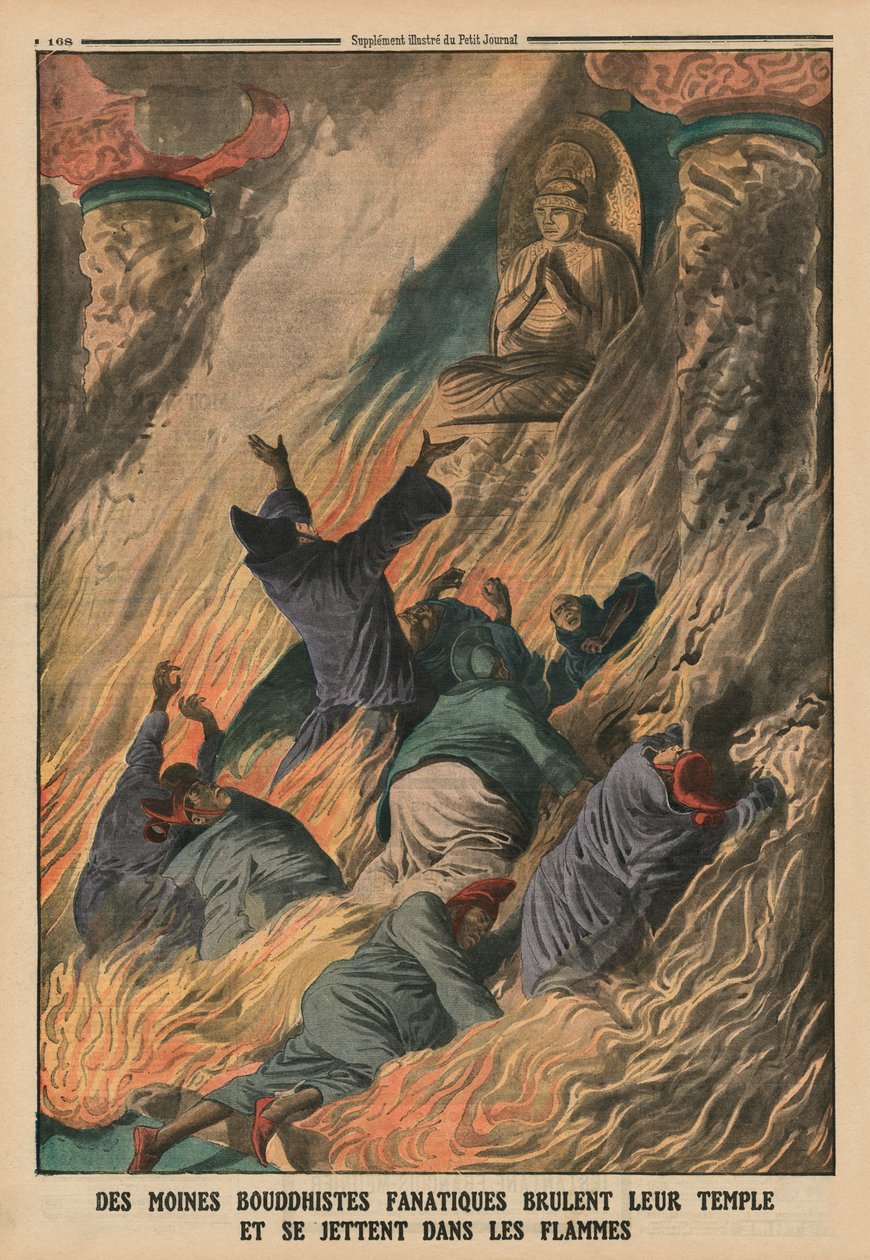 Fanatičtí buddhističtí mniši zapálili svůj chrám a vrhli se do plamenů, Ostrov Formosa, ilustrace na zadní straně obálky z 