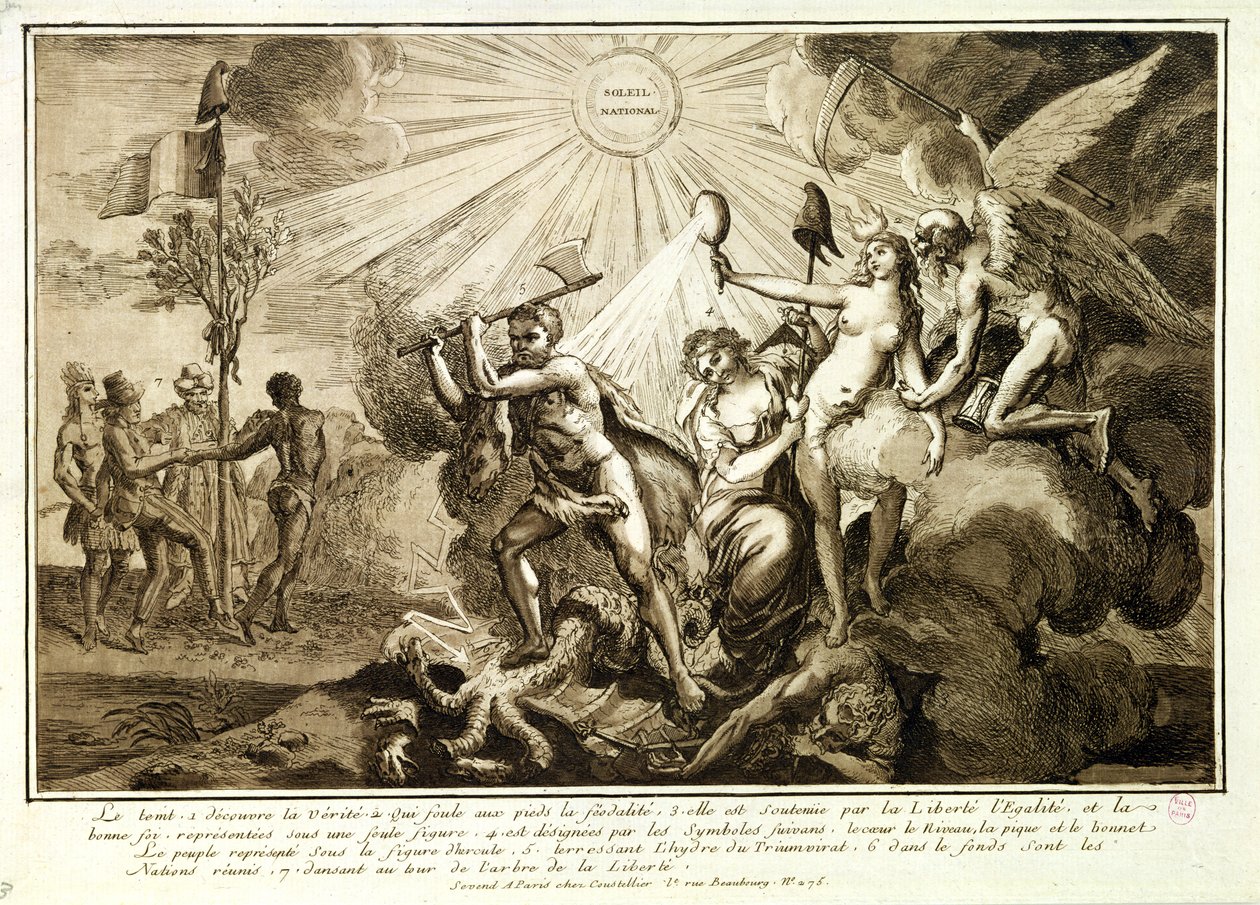 Otec Time objevuje pravdu, která pošlapává feudalismus, kolem roku 1792-93 od French School