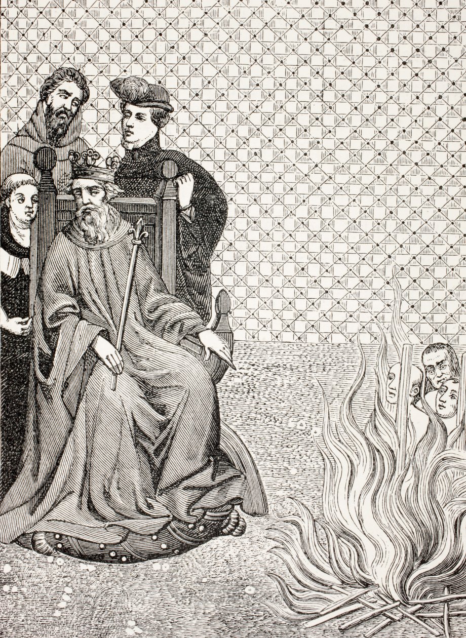 Stoupenci Amalrica z Beny jsou upáleni před branami Paříže na příkaz krále Filipa II. Augusta, kolem roku 1208, z knihy „Vojenský a náboženský život ve středověku“ od Paula Lacroixe, publikované Lon od French School