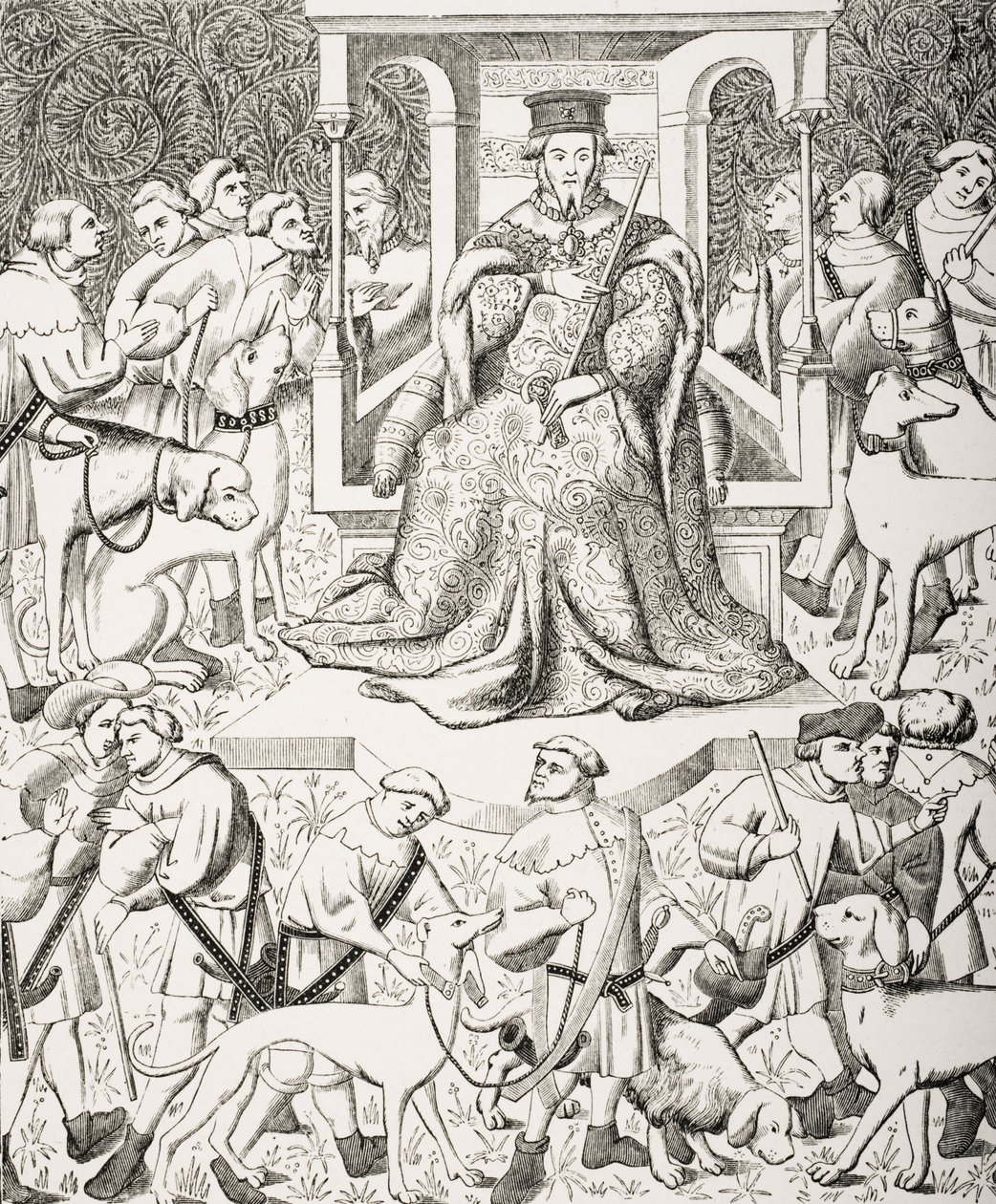 Gaston Phoebus (1331-91) Výuka umění Venery nebo Lovu, po zmenšení Phoeba a jeho personálu lovícího divoká zvířata a dravé ptáky z 15. století, z „Le Moyen Age et La Renaissance“ od od French School