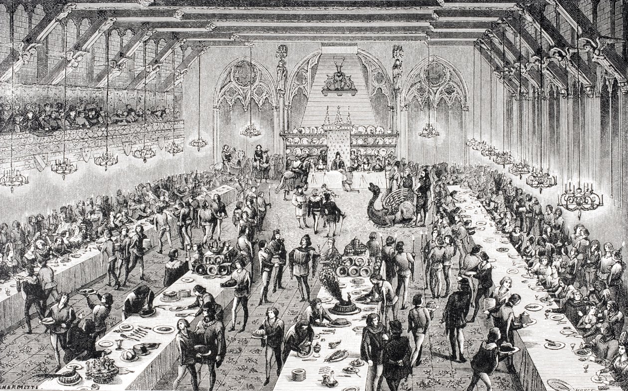 Velká slavnostní hostina na francouzském dvoře ve 14. století, z rytiny z 19. století v „Dictionnaire du Mobilier Francais“ od M. Viollet-Leduca, z „Le Moyen Age et La Renaissance“ od Pau od French School