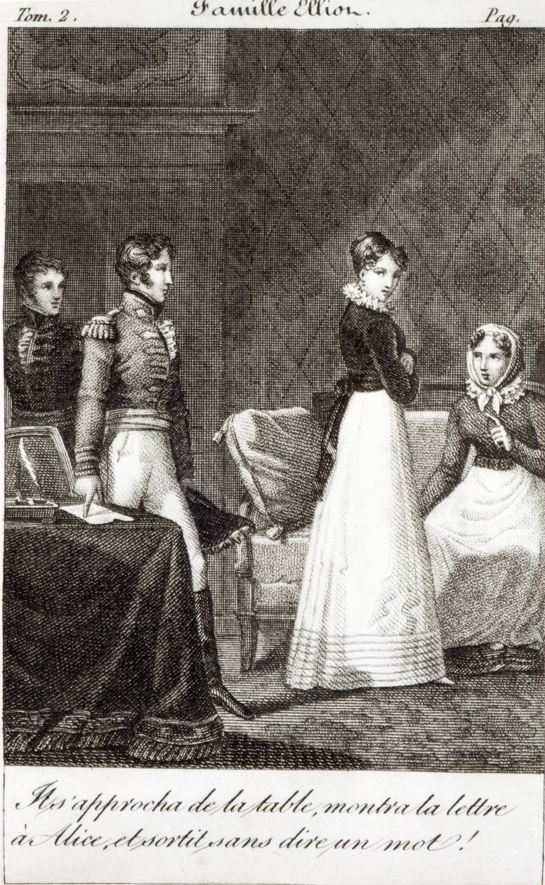 „Přišel ke stolu, ukázal dopis Alici a beze slova odešel!“, ilustrace z „La Famille Elliot“, překlad „Přesvědčování“ od Jane Austenové (1775-1817) (bw od French School