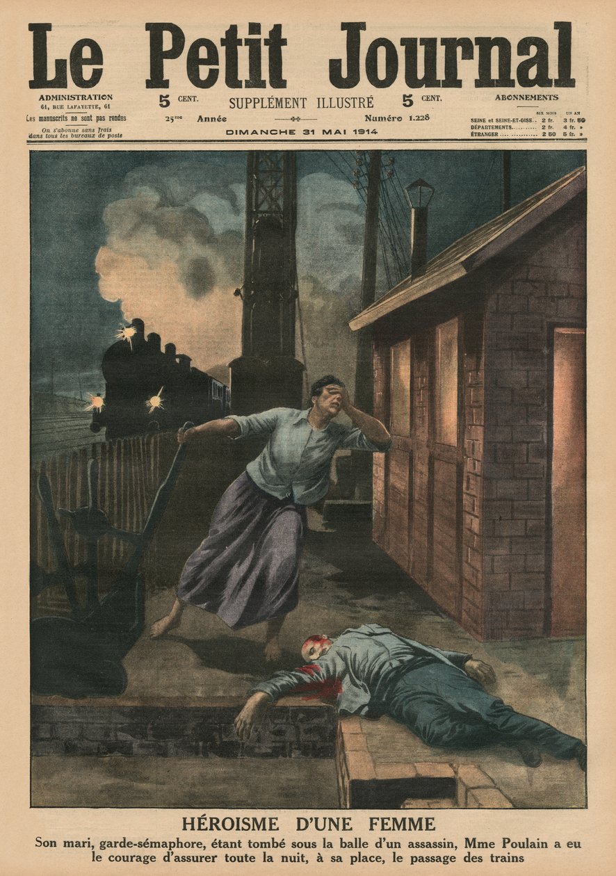 Hrdinství ženy, jejího manžela, strážce železničního přejezdu zastřeleného vrahem, madame Poulain zastávala jeho místo u vlaků po celou noc, ilustrace přední obálky z 
