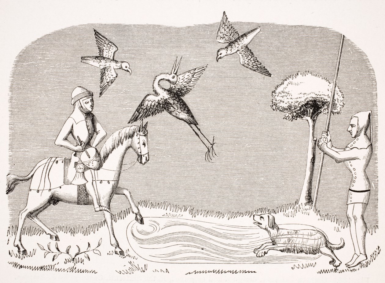Heron Hawking, reprodukce miniatury v rukopisu ze 14. století „Livre de Roy du Modus“, od Henriho de Ferrieres, z „Le Moyen Age et La Renaissance“ od Paula Lacroixe (1806-84), vydaného v roce 1847 od French School