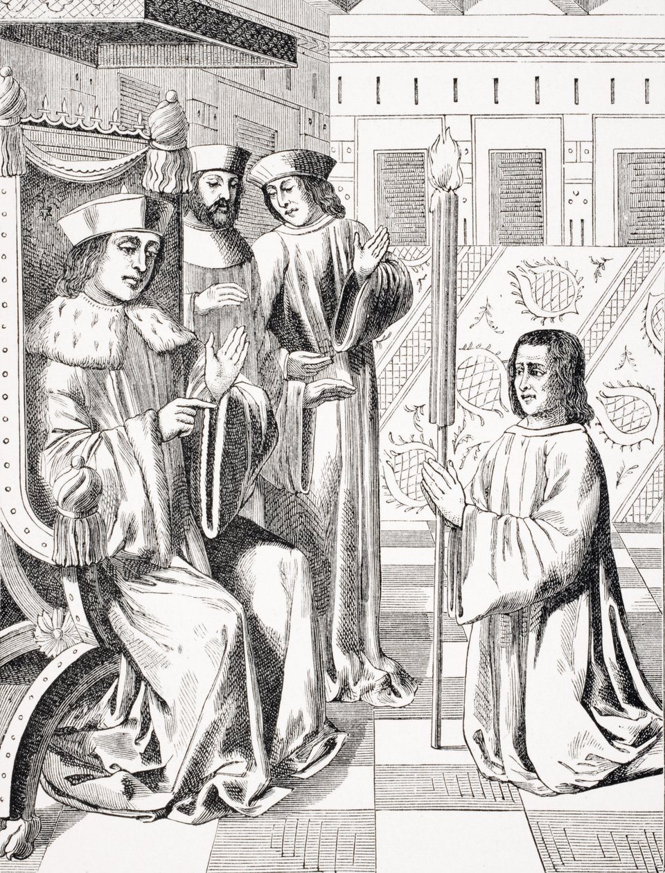 Jacques Coeur (asi 1395-1456) vzdávající hold Karlu VII. (1403-66), kopie miniatury z 15. století v 