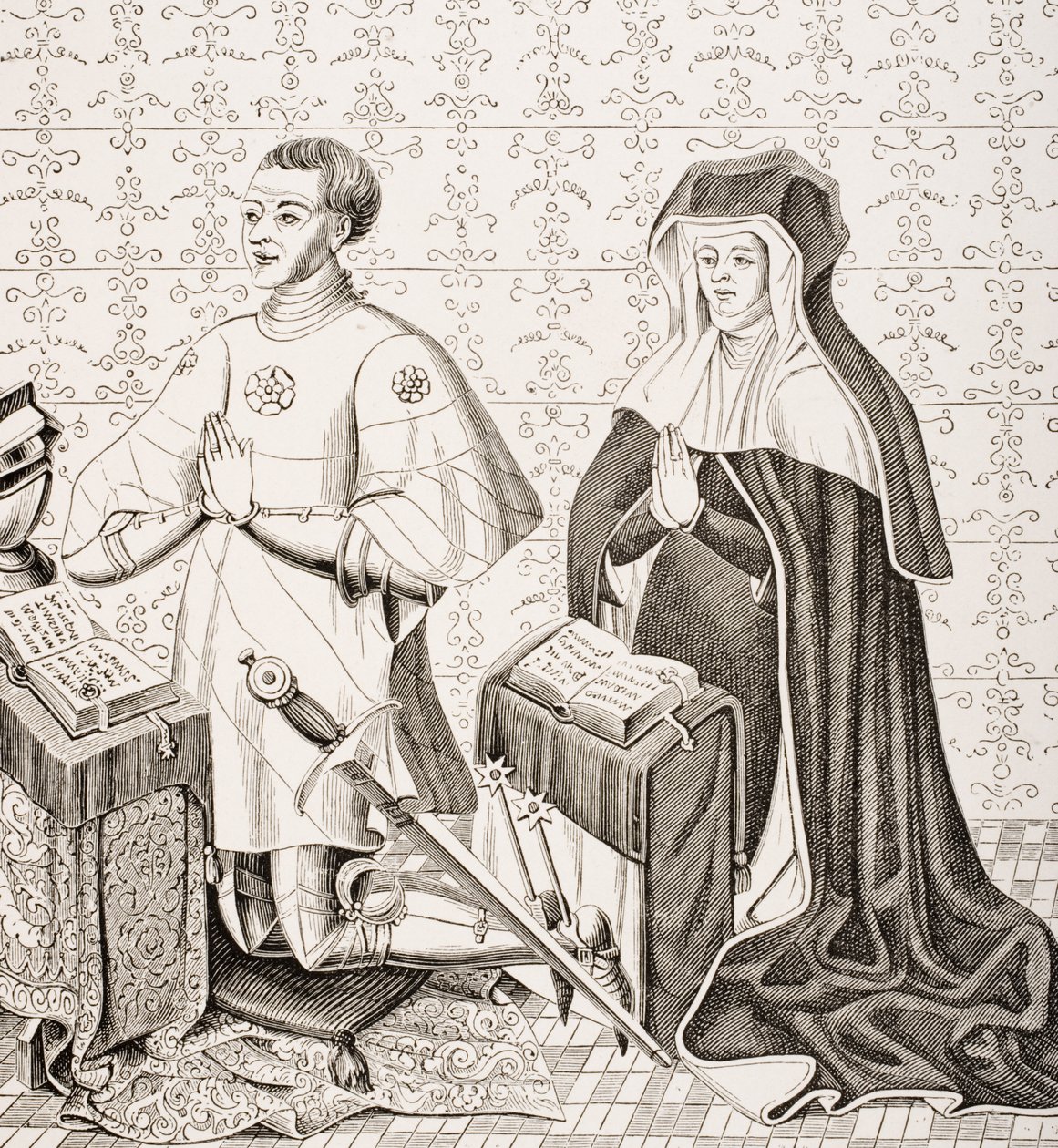 Jean Jouvenel des Ursins a jeho manželka Michelle de Vitry podle fragmentu obrazu kdysi v kapli Ursins z „Le Moyen Age et La Renaissance“ od Paula Lacroixe (1806–84) vydaného v roce 1847 (li od French School