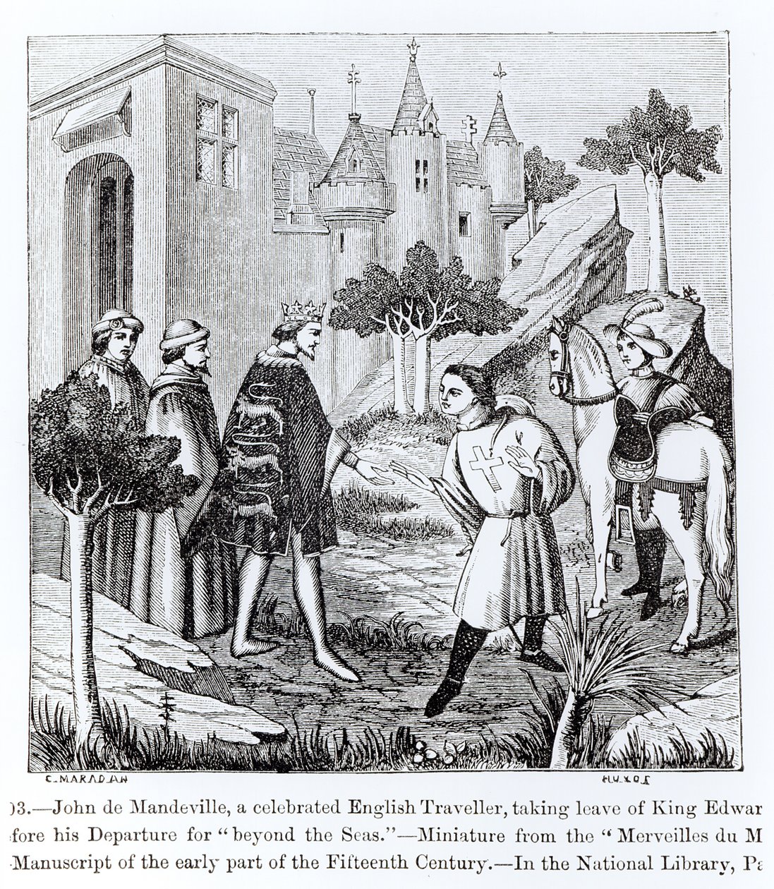 John de Mandeville se před odjezdem rozloučil s králem Edwardem III. (1312-77), z „Merveilles du Monde“, ilustrace z „Vědy a literatury ve středověku a renesanci“, napsal od French School