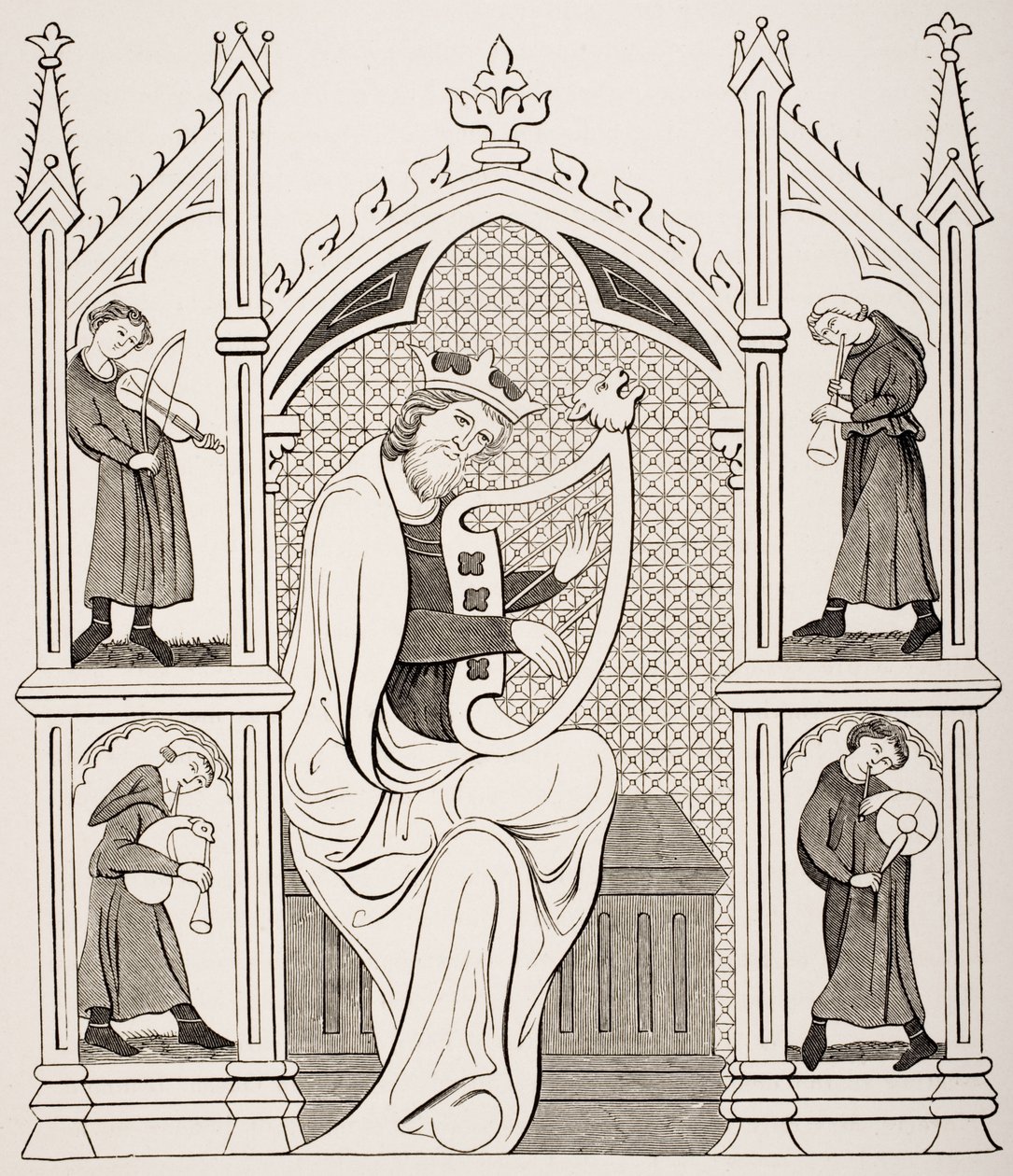 Král David hrající na lyru obklopený čtyřmi hudebníky podle miniatury v rukopisném žaltáři z „Le Moyen Age et La Renaissance“ od Paula Lacroixe (1806–84) vydaného v roce 1847 od French School
