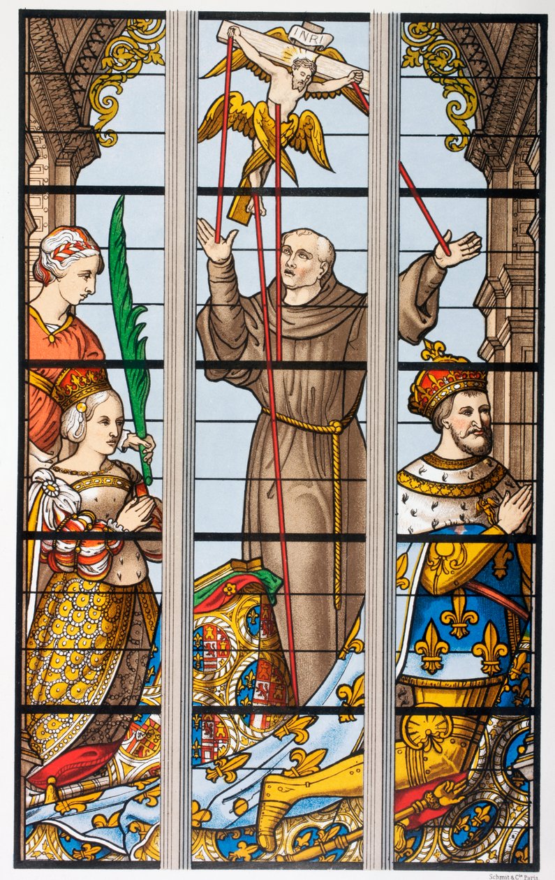 Francouzský král Francois a jeho manželka Eleonore se modlí, z vitráže ze 16. století v kostele Saint Gudule v Bruselu, z „Les Arts au Moyen Age“, vydaného v roce 1873 od French School