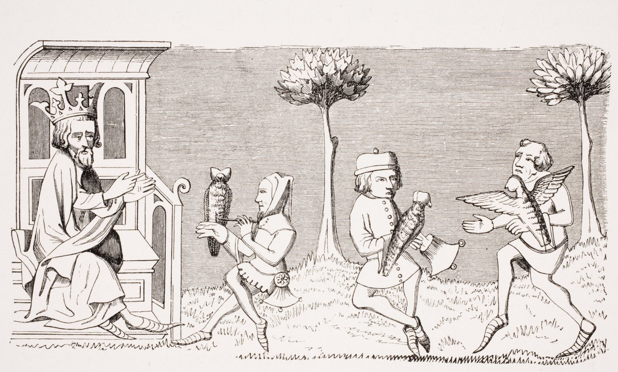 Král Modus vyučující umění sokolnictví, reprodukce miniatury v rukopisu ze 14. století „Livre de Roy du Modus“ od Henriho de Ferrieres, z „Le Moyen Age et La Renaissance“ od Paula Lacroixe od French School