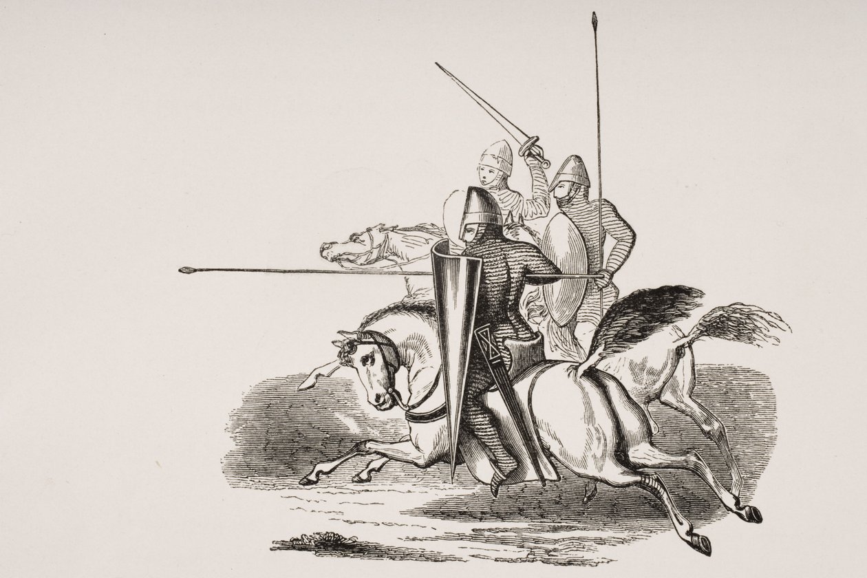Rytíři a muži ve zbrani za vlády Ludvíka le Grose podle miniatury v žaltáři z 12. století z „Le Moyen Age et La Renaissance“ od Paula Lacroixe (1806-84) vydaného 1847 (litho) od French School