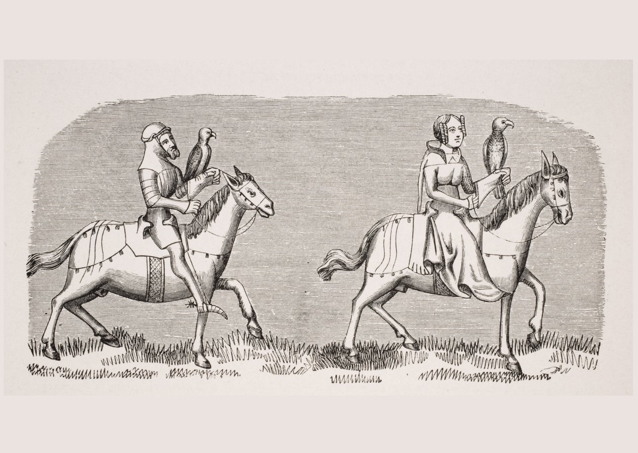 Dáma na jestřábnictví, reprodukce miniatury v rukopise ze 14. století „Livre de Roy du Modus“ od Henriho de Ferrierese, z „Le Moyen Age et La Renaissance“ od Paula Lacroixe (1806-84) publ. od French School