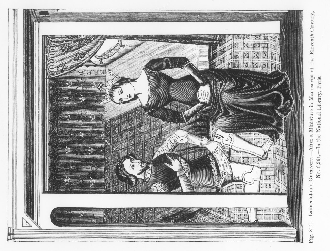 Lancelot a Guinivere, z rukopisu obsahujícího Artušovu legendu, ilustrace z „Vědy a literatury ve středověku a renesanci“, napsal a vyryl Paul Lacroix, 1878 (en od French School