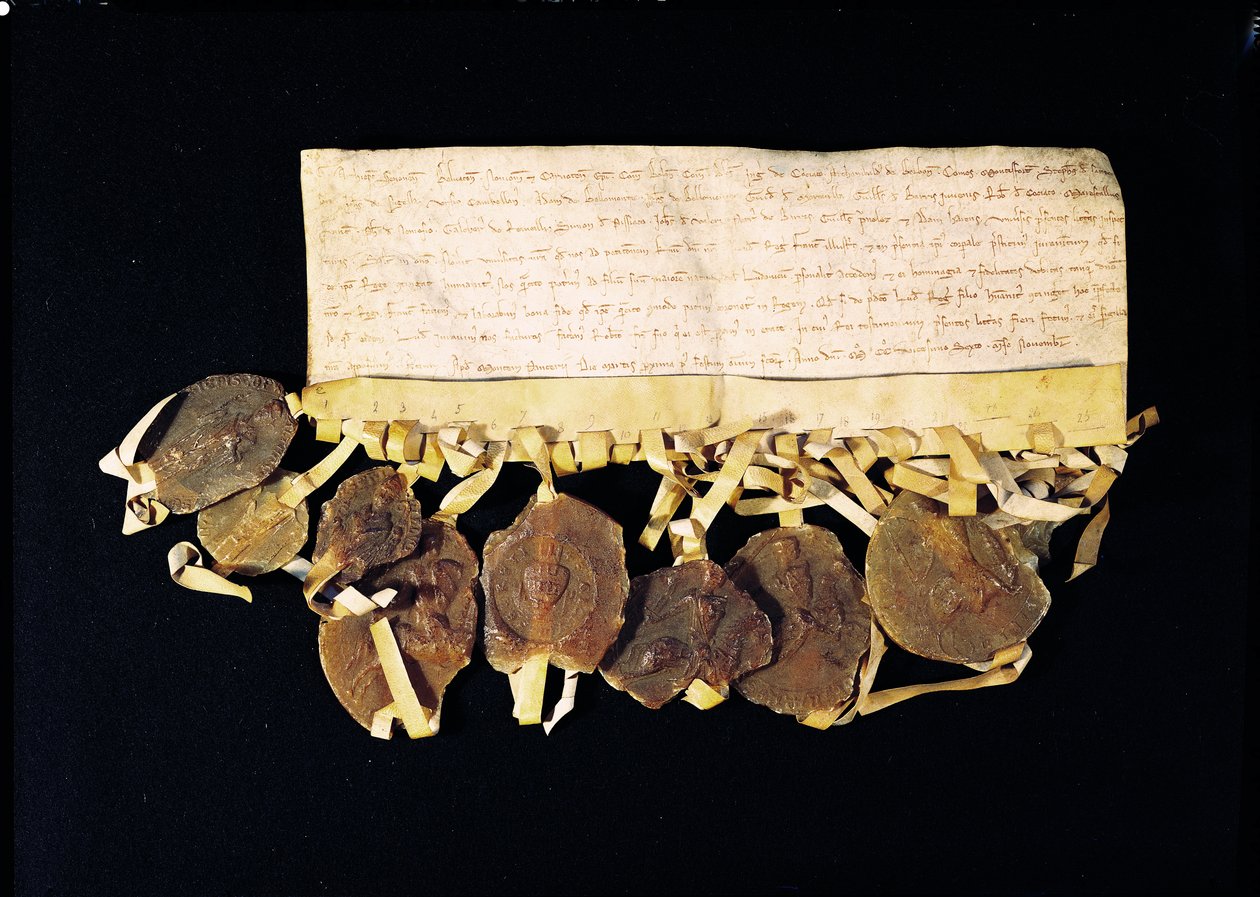 Dopis od prelátů a baronů krále slibující Ludvíku VIII. (1187-1226), že po jeho smrti uznají jeho syna Ludvíka Francouzského za krále, 3. listopadu 1226 od French School