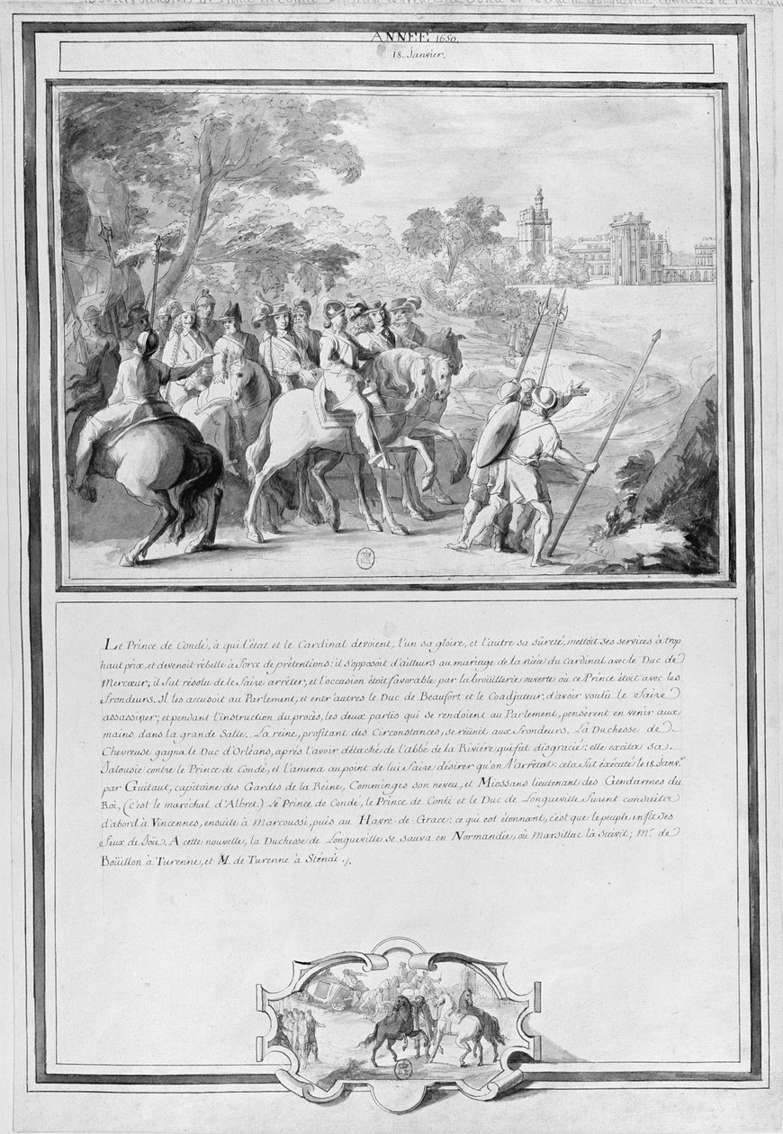 Louis II de Bourbon (1621-86) princ z Conde se svým bratrem, Armand de Bourbon (1629-66) princ z Conti a Henri II de Longueville (1595-1663) vévoda z Estouteville Jízda do Vincennes, 18. ledna od French School