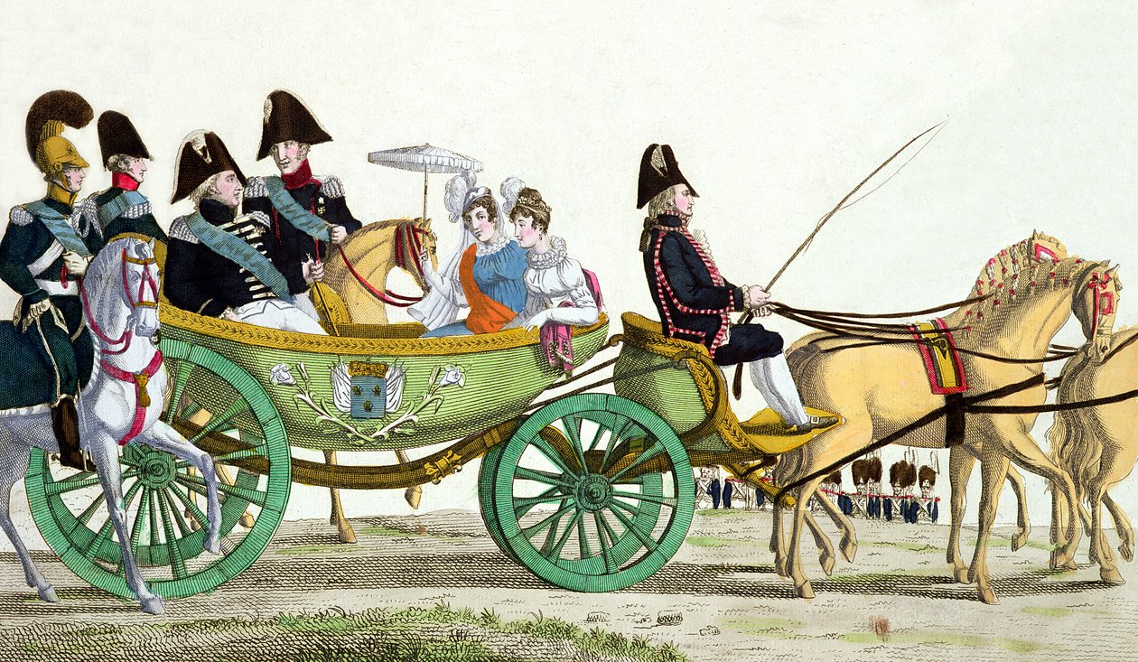 Ludvík XVIII (1755-1824) a jeho rodina Prohlížení královského vojska na Champ de Mars, 20. června 1814, v den požehnání vlajek Garde Royale od French School