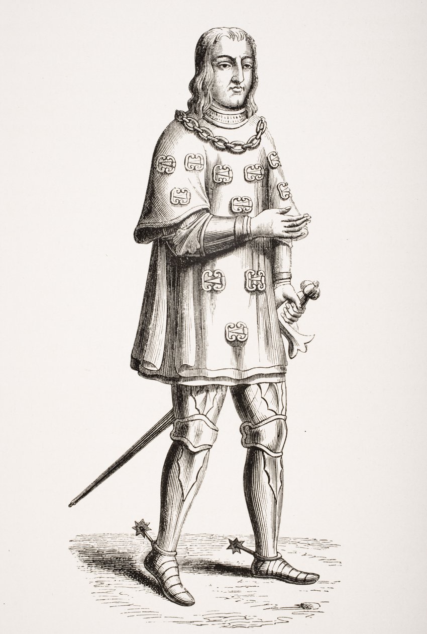 Louis de Mallet (1448-1516) vyobrazený v roce 1487 v Kostýmu války a turnaje, po rytině ze 16. století, z „Le Moyen Age et La Renaissance“ od Paula Lacroixe (1806-84) vydaného v roce 1847 od French School