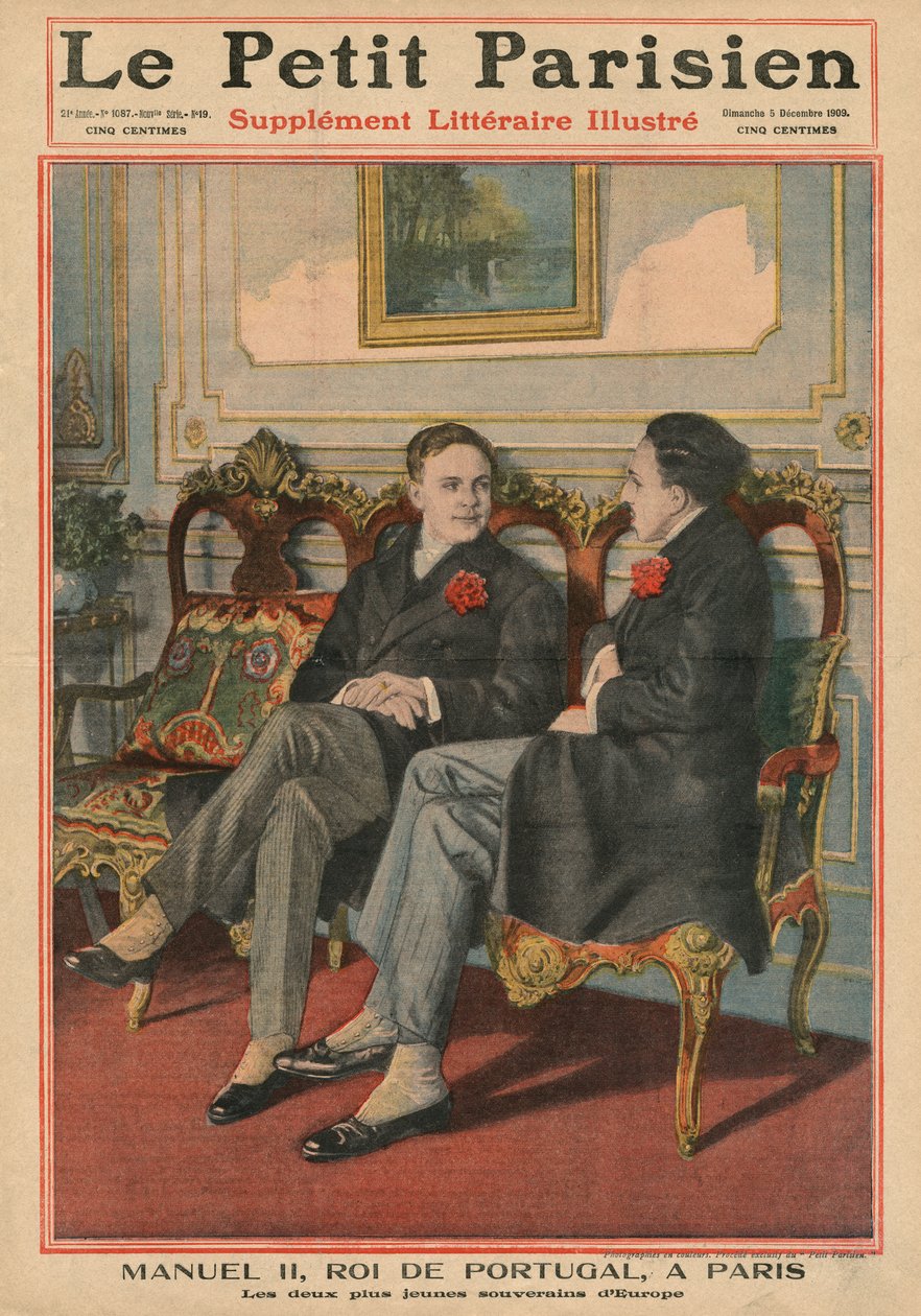 Manuel II., portugalský král, v Paříži s Alfonsem XIII., španělským králem, dvěma nejmladšími panovníky v Evropě, ilustrace přední obálky z „Le Petit Parisien“, supplemnet litteraire illustre, 5. de od French School