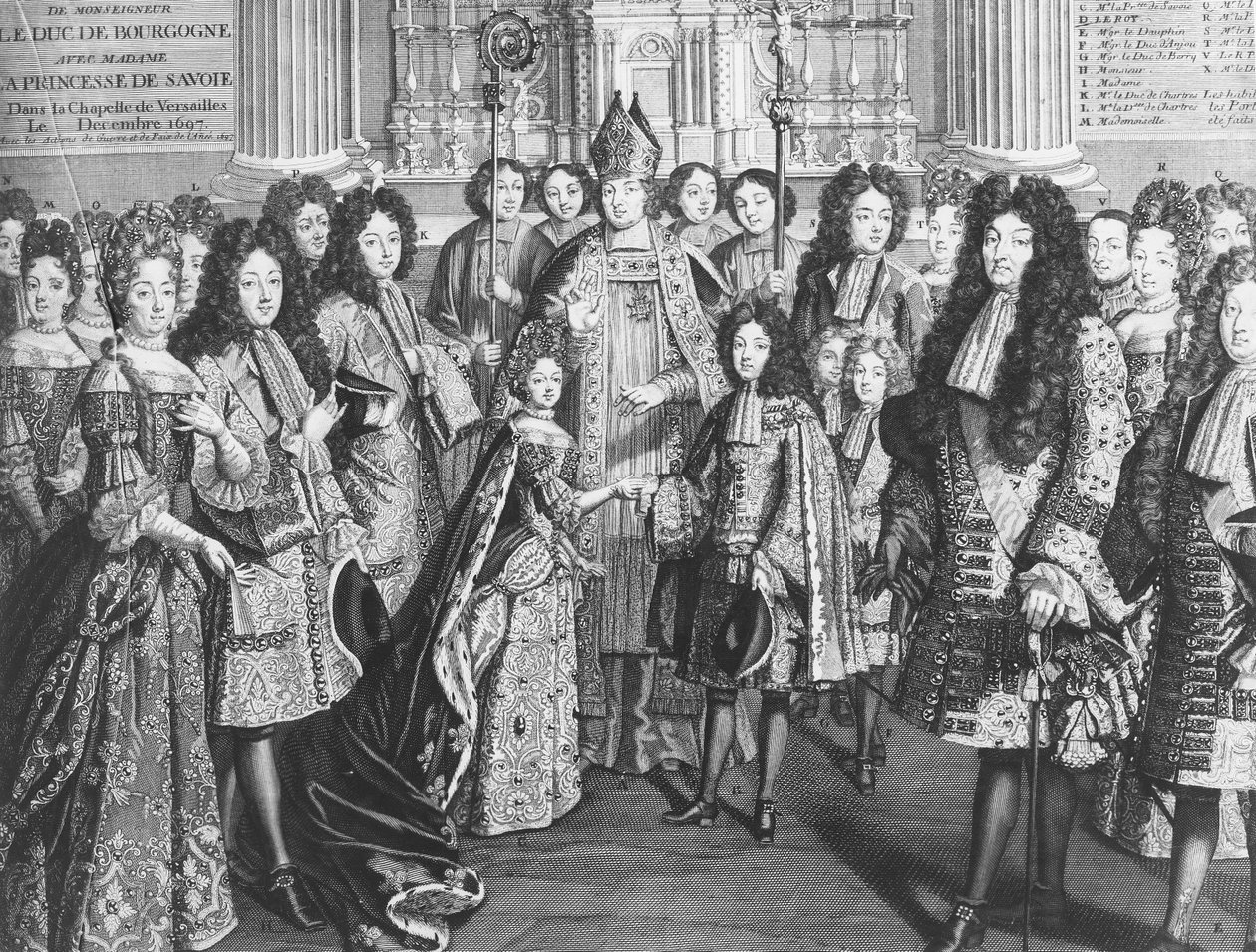 Sňatek Ludvíka de France (1682-1712), vévody z Bourgogne s Marií Adelaide de Savoie (1685-1712) v královské kapli ve Versailles, prosinec 1694, za přítomnosti krále Ludvíka XIV. od French School