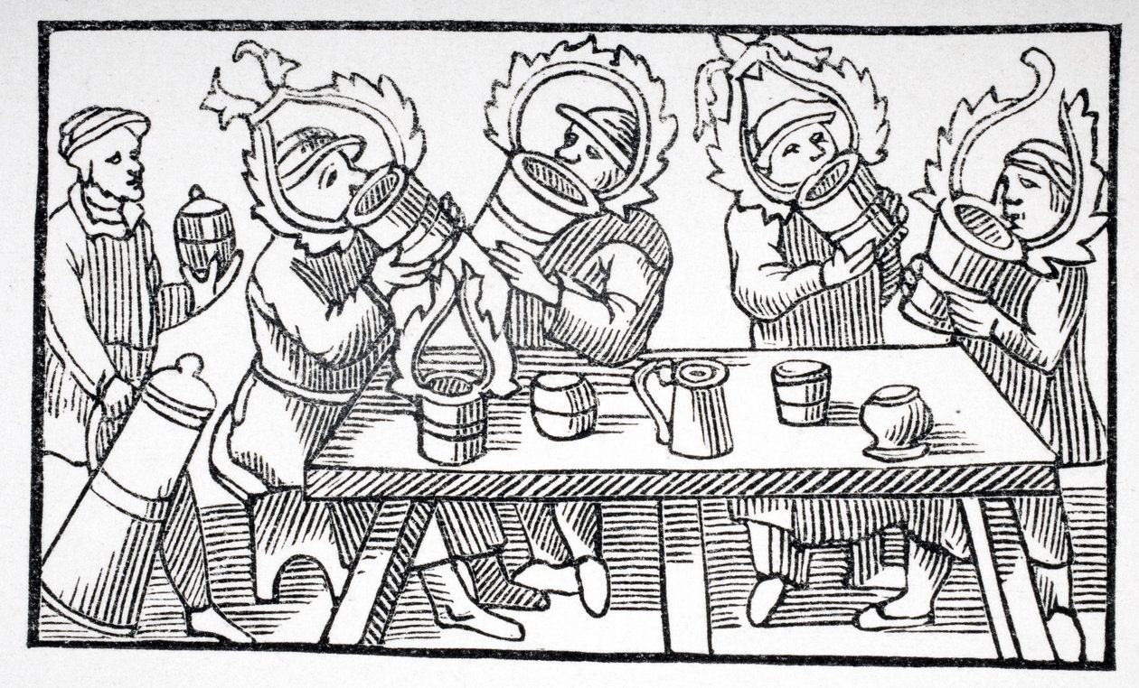Muži pijí, ilustrace z "Historie severních národů" od Olause Magnuse (1490-1557) vydané v Římě, 1555, z "Le Moyen Age and La Renaissance" od Paula Lacroixe (1806-84) vydaného od French School