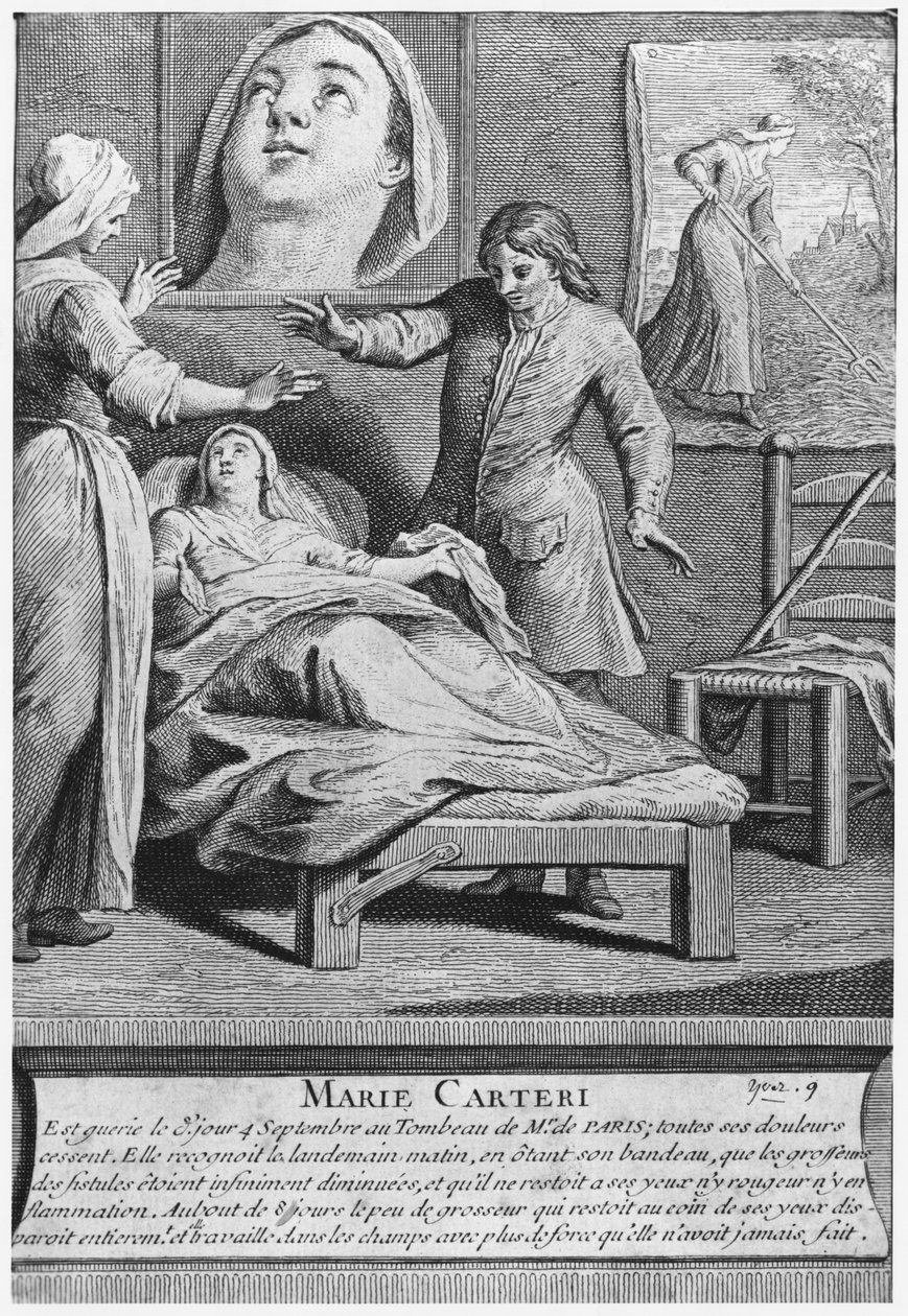 Zázračné uzdravení slepé ženy Marie Carteri na hrobě jáhna Francoise de Paris na farním hřbitově Saint-Medard v Paříži, vyryl Pieter Yver (1712-87) 1737 od French School